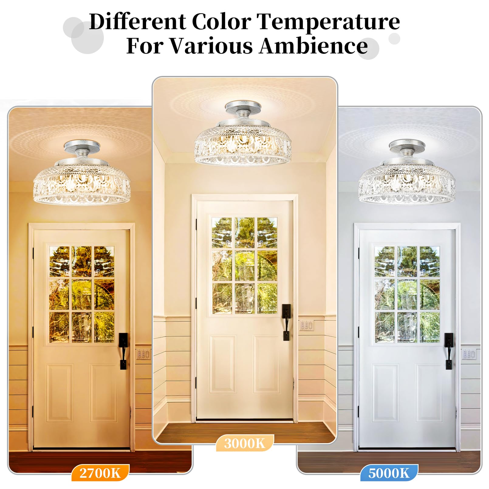 Semi Flush Mount Ceiling Light, Upgraded Larger Golden Hallway Light Fixture, 3-Bulb Globe Glass Close to Ceiling Light,Indoor Hanging Light for Bedroom Kitchen Porch Hallway,Bulbs Not Included