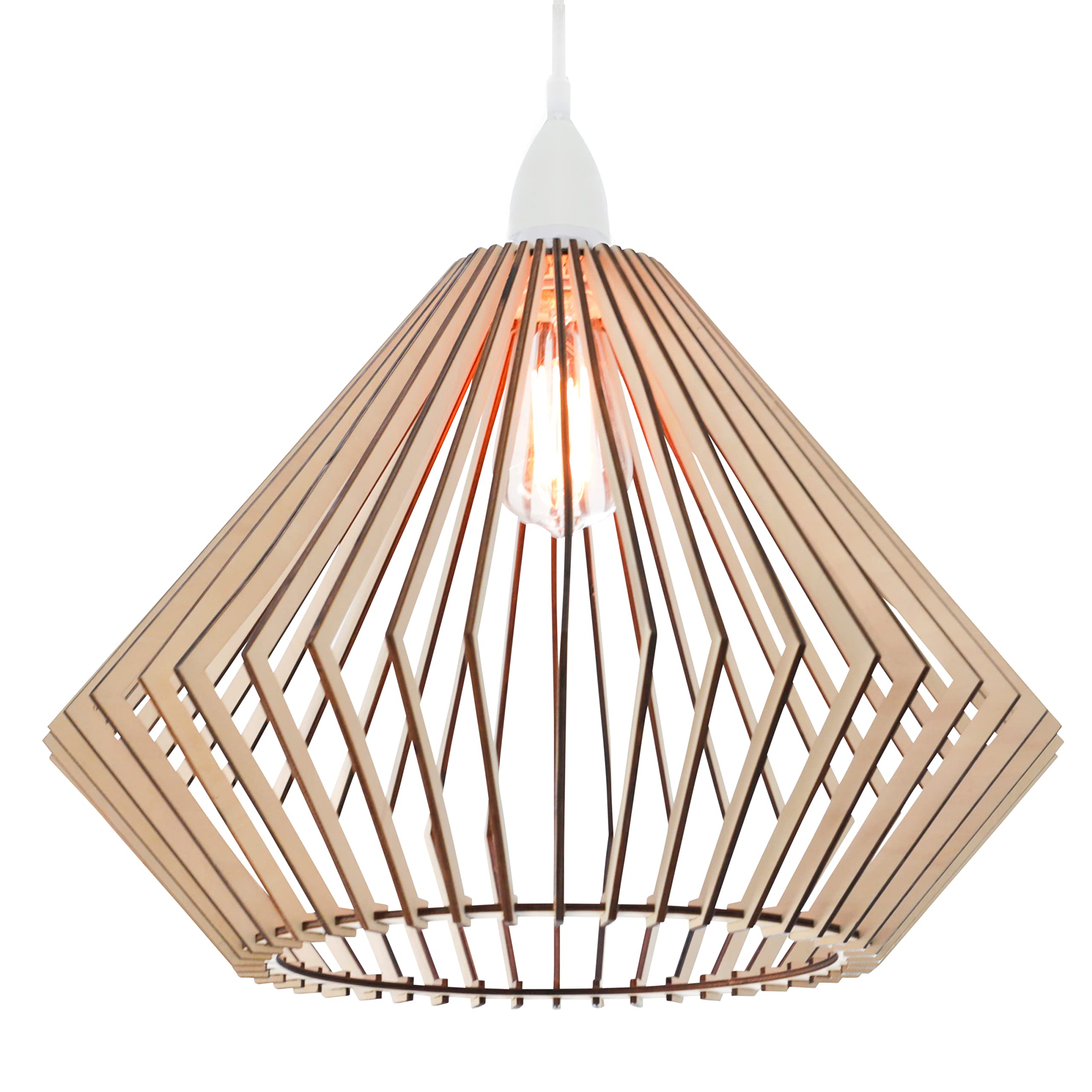 Wood Pendant Light - Easy-to-Assemble Ceiling Chandelier - Modern Boho Hanging Lamp Lighting Fixture for Dining, Kitchen, Bedroom, Living Room - Adjustable Nylon Cord, Uses Standard Bulb