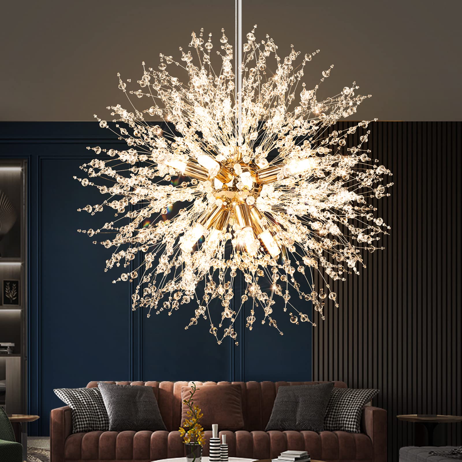 Modern Crystal Chandeliers Firework, Semi Flush Mount Ceiling Light Fixture, 8-Light Chrome Dandelion Chandelier, Pendant Light for Hallway, G9 Socket