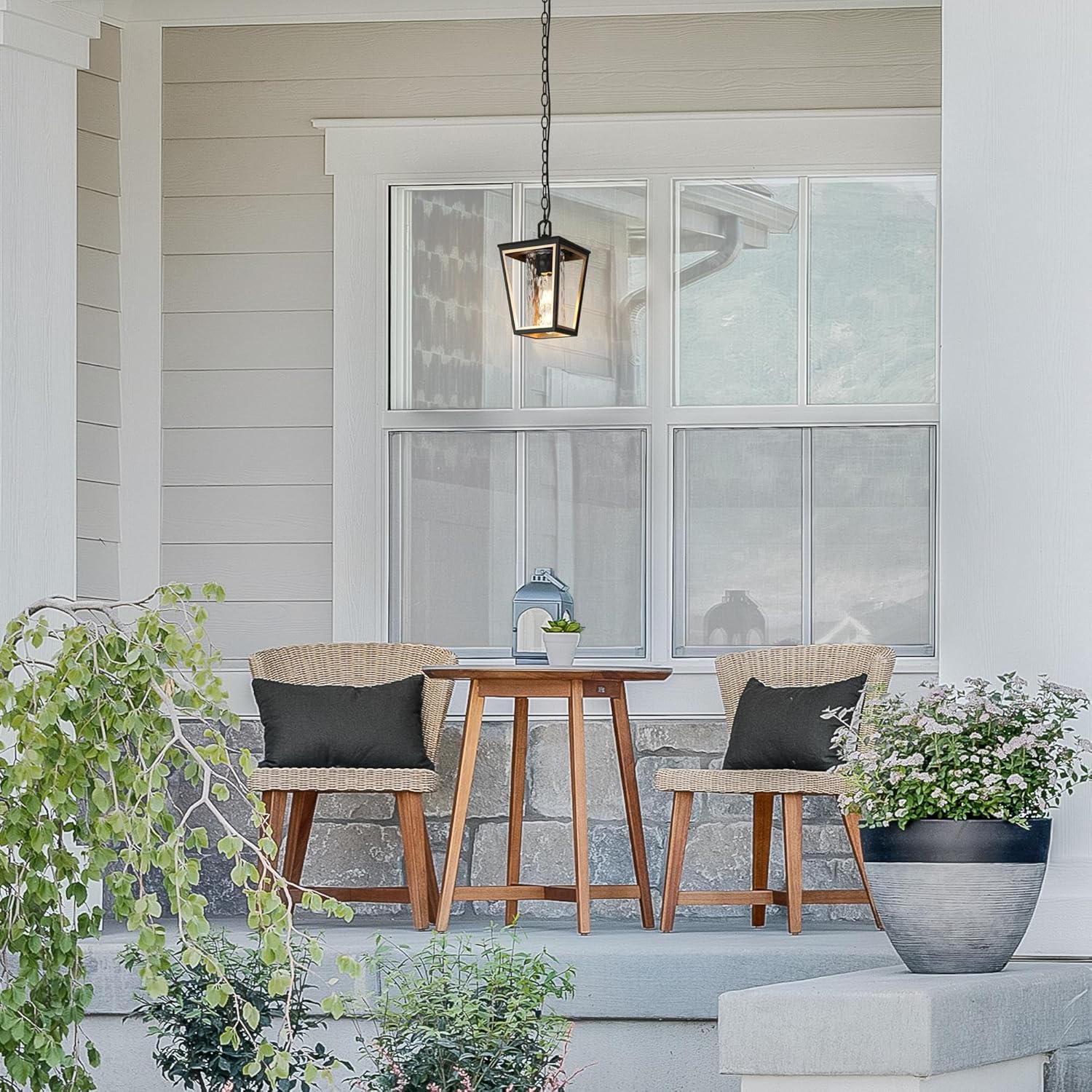 Outdoor Pendant Light, Black Gold Trapezoid Outdoor Pendant Lights for Porch with Adjustable Chain, Modern Farmhouse Anti-Rust Exterior Hanging Light with Clear Glass for Front Door, Entry, Gazebo