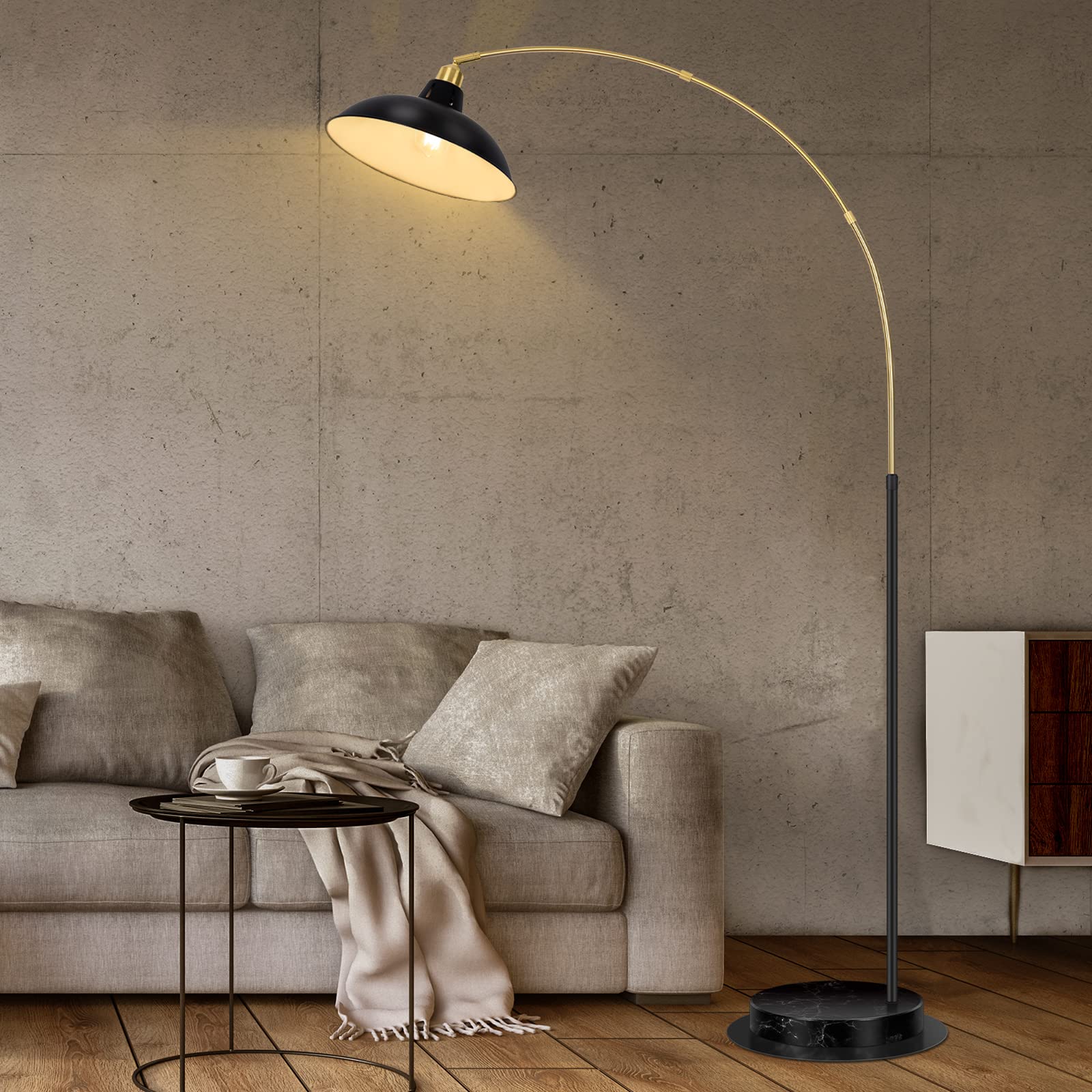 Arc Floor Lamp for Living Room, Marble Base Standing Lamp - Black Gold Floor Lamps with 360° Rotatable Arm, Industrial Tall Lamp Metal Material, Reading Lamp for Bedroom Couch Sofa Desk