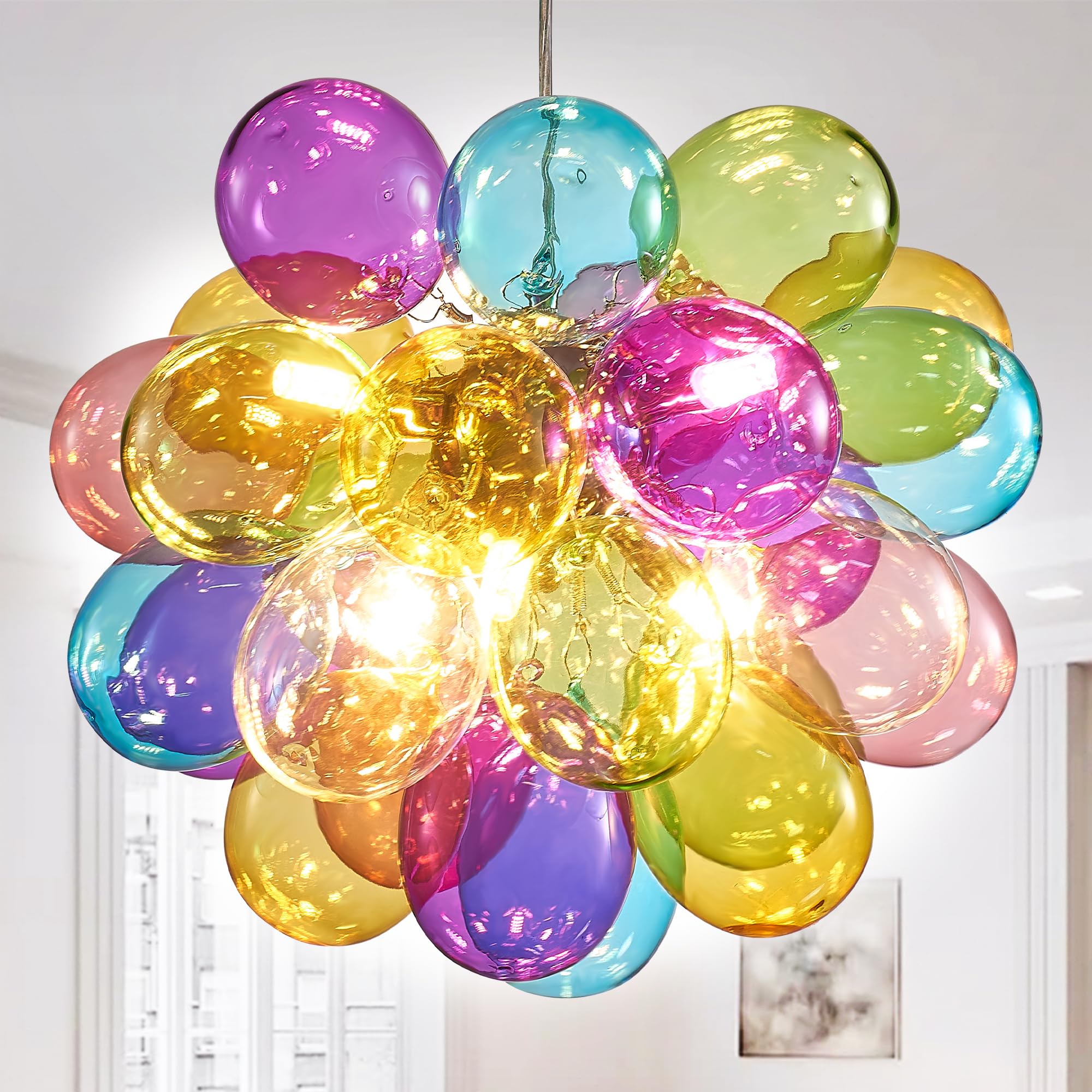 Semi Flush Mount Ceiling Bubble Ball Chandelier Lighting Dia 20 Inch Gold Clear Ribbed Blown Glass Chandeliers Ceiling Medallions Light Fixtures for Bedroom, Living Room, Entry, Bathroom