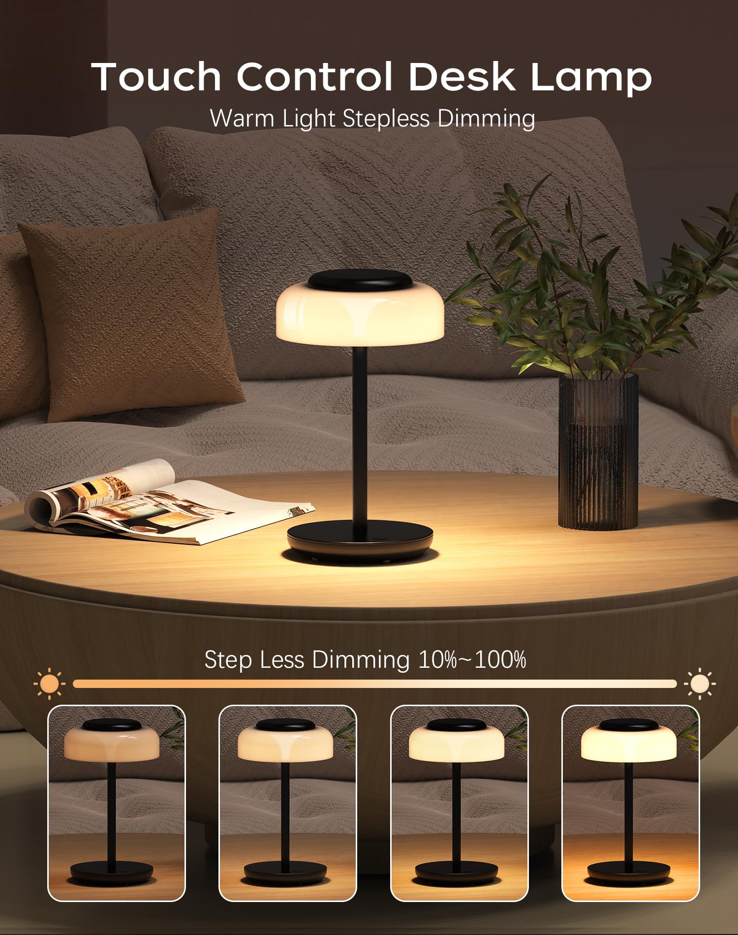 Battery Operated LED Table Lamp, 5000mAh Waterproof Cordless Desk Lamp with 3 Level Brightness Touch Control, Mini Rechargeable Night Light for Living Room, Bedroom, Outdoor bar (Black)