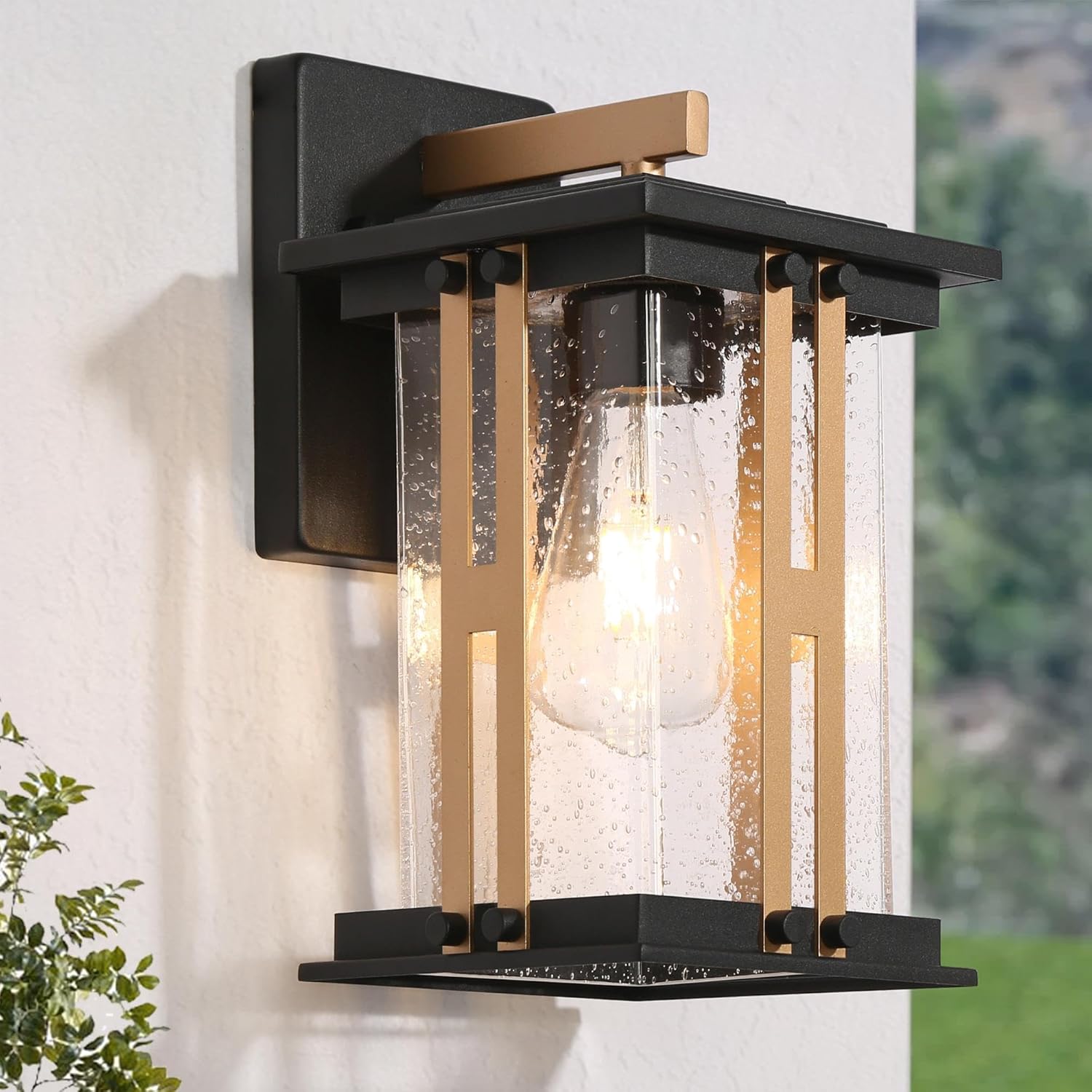 Black Gold Outdoor Wall Lights, Waterproof Modern Wall Mount Sconce with Seeded Glass Shade, Outside Porch Lights Fixture for House, Front Door, Garage, Patio