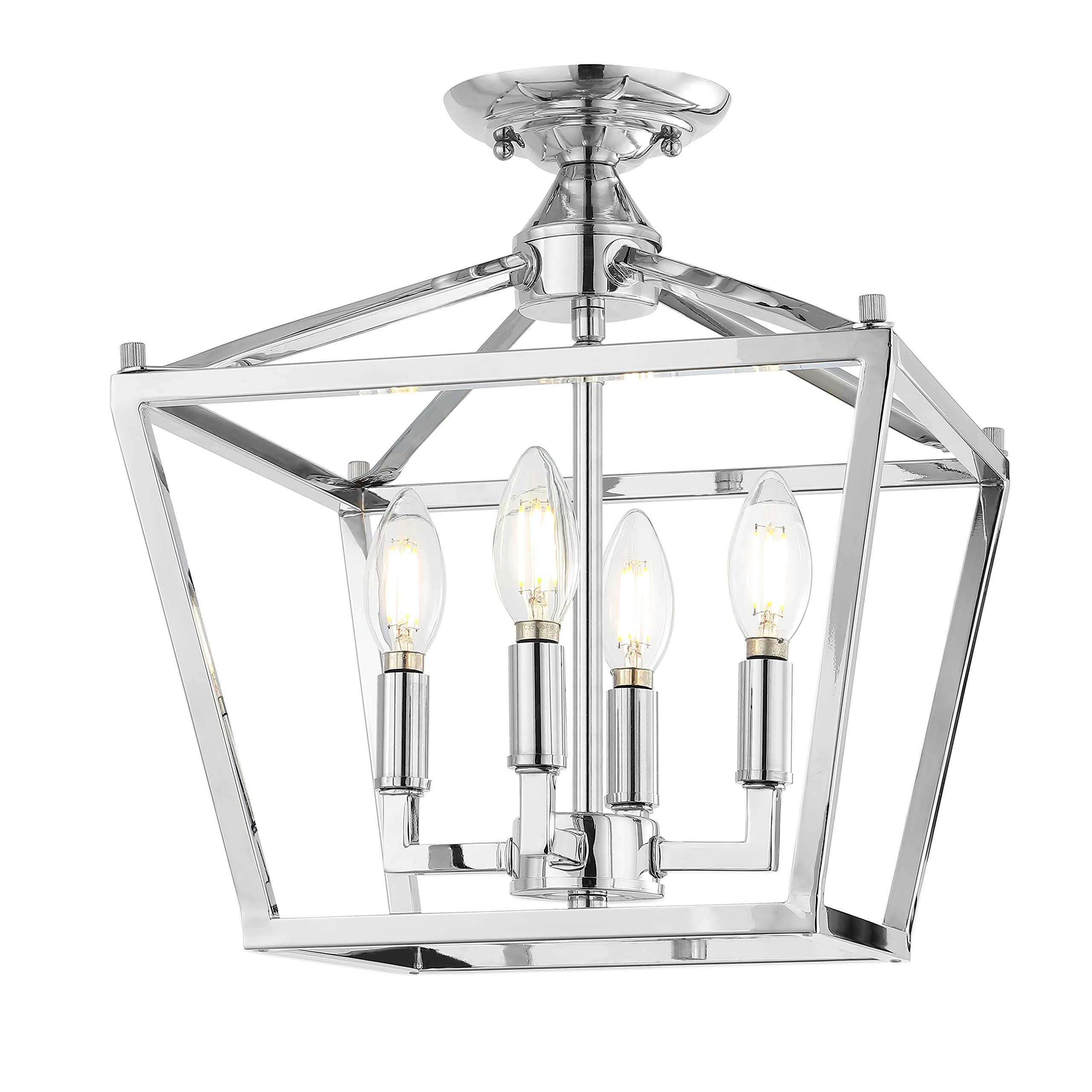 Mini Lantern 12" 4-Light Iron Modern Farmhouse LED Flush Mount, Rustic, Industrial, Dimmable, 2700K Cozy Warm Light Kitchen, Hallway, Bathroom, Stairwell, Brass Gold