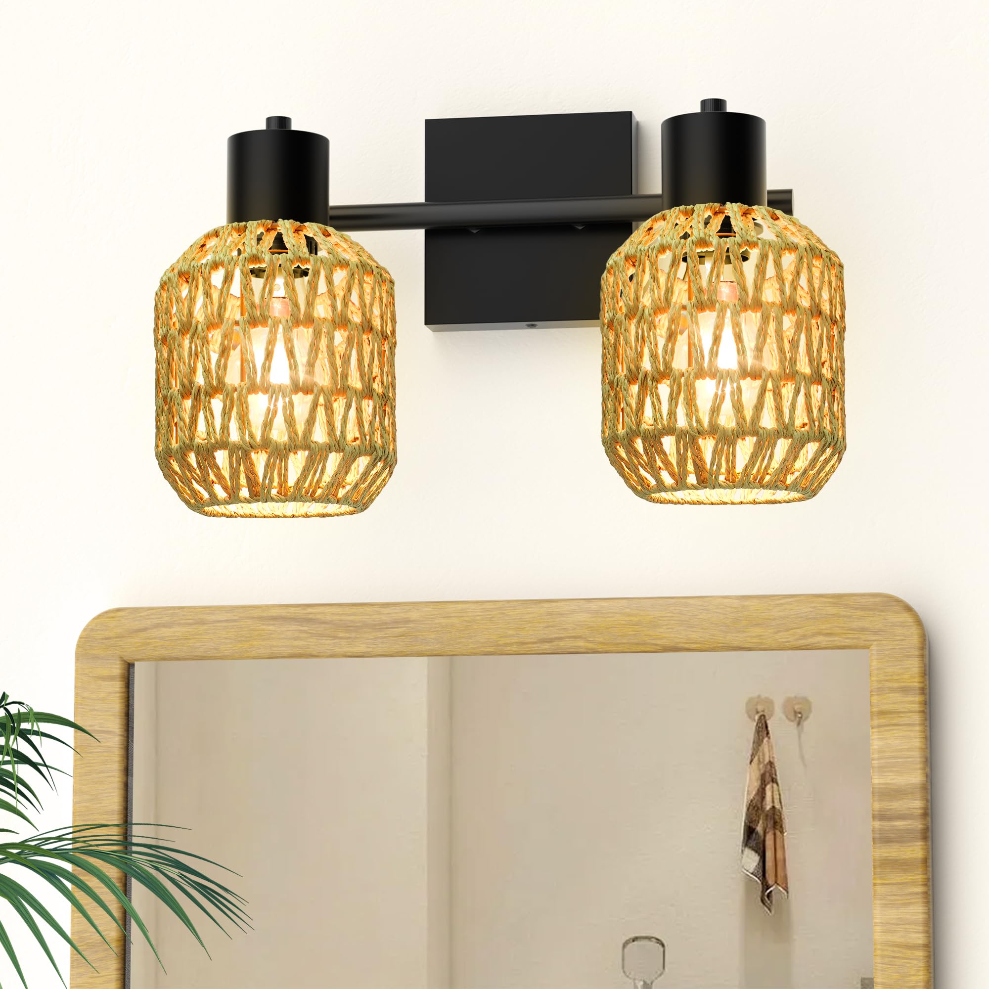 Boho Rattan Wall Sconces Set of Two, Hardwired Farmhouse Wall Lamps with 330°Adjustable Arm, Indoor Rustic Wall Mount Light Fixtures for Bedroom, Living Room, Nursery and Hallway, (Bulbs Not Included)