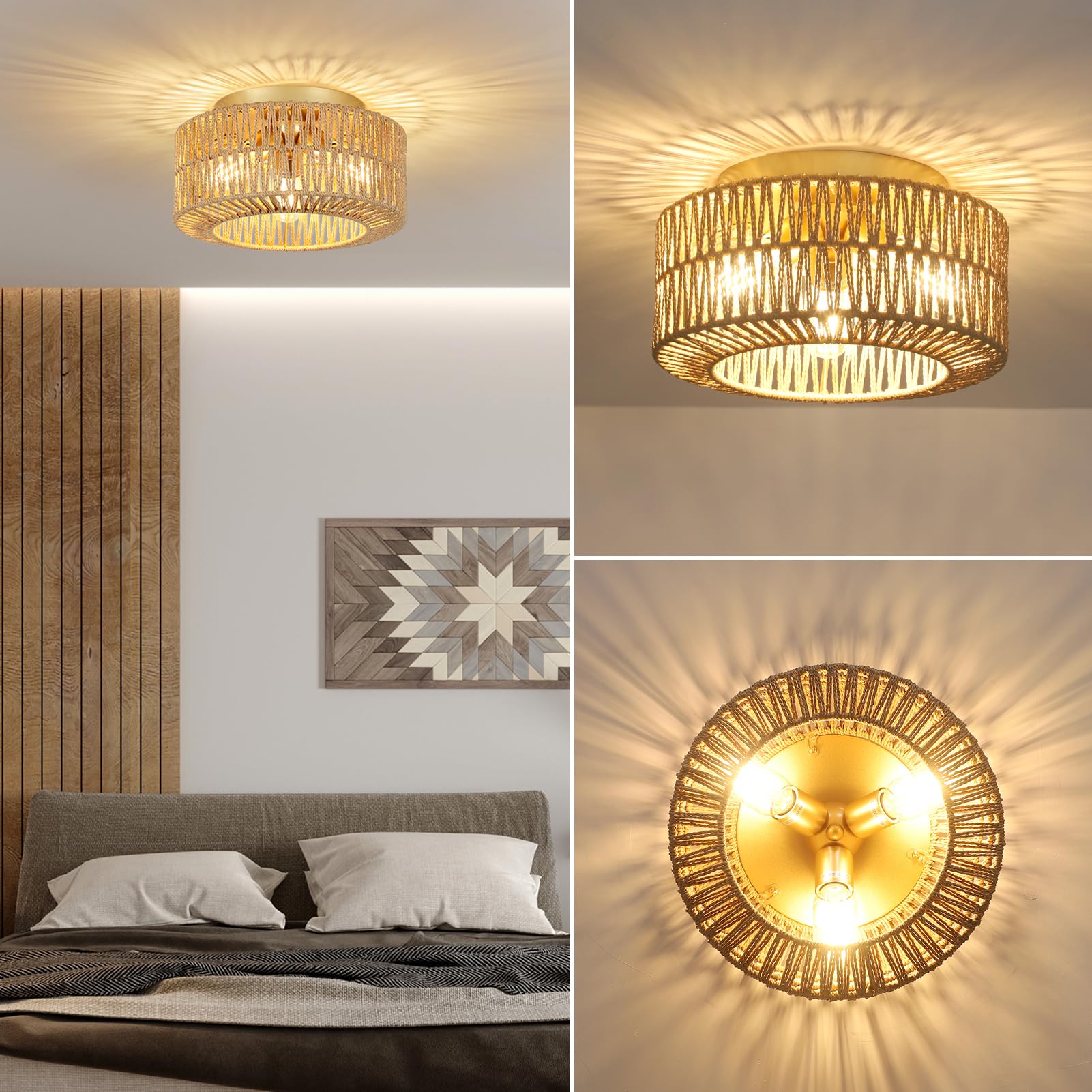 Boho Light Fixtures Ceiling Mount, 3-Light Farmhouse Rattan Ceiling Light Fixture, Flush Mount Ceiling Light with Hand-Woven Shade, Modern Chandelier for Living Bedroom Entryway Kitchen Nursery