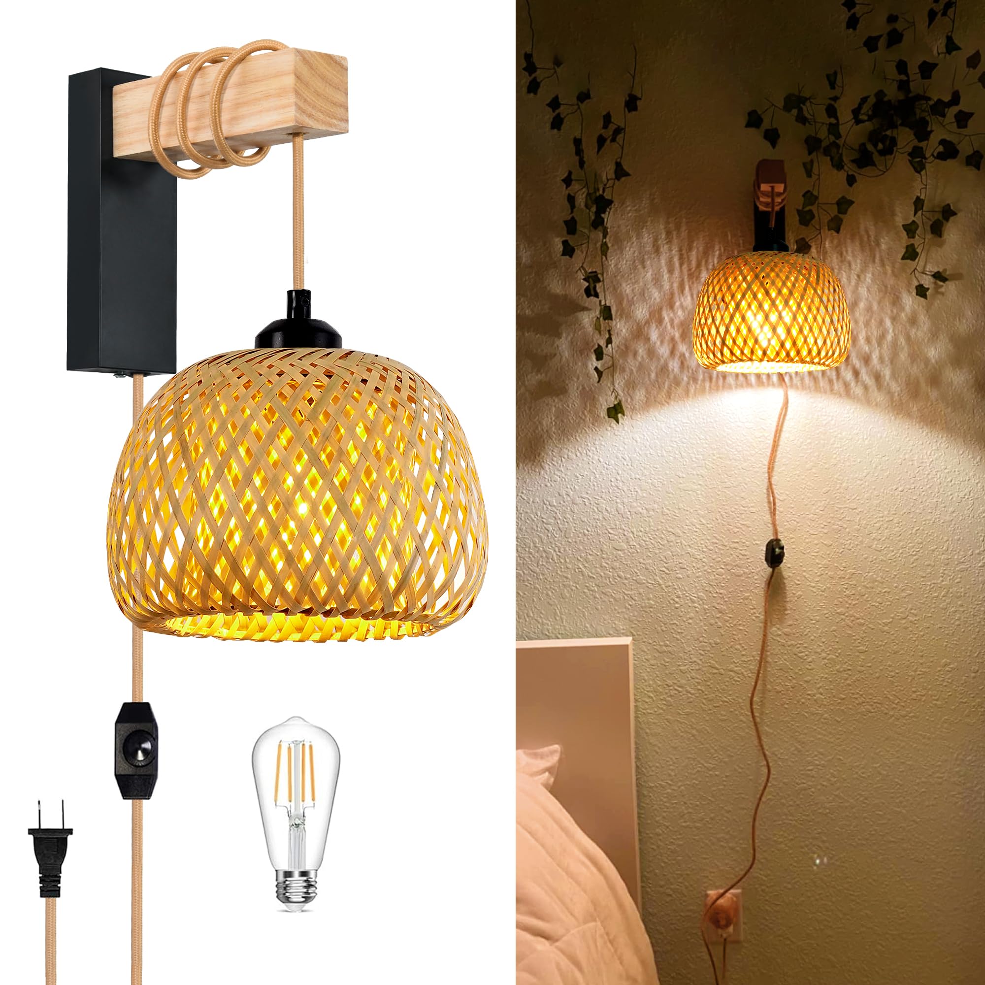 Rattan Plug in Wall Sconces Set of Two,Wicker Wall Lamp with Plug in Cord Hand Woven Rattan Plug in Wall Lamp Rustic Wall Lighting Boho Wall Sconces for Living Room Bedroom