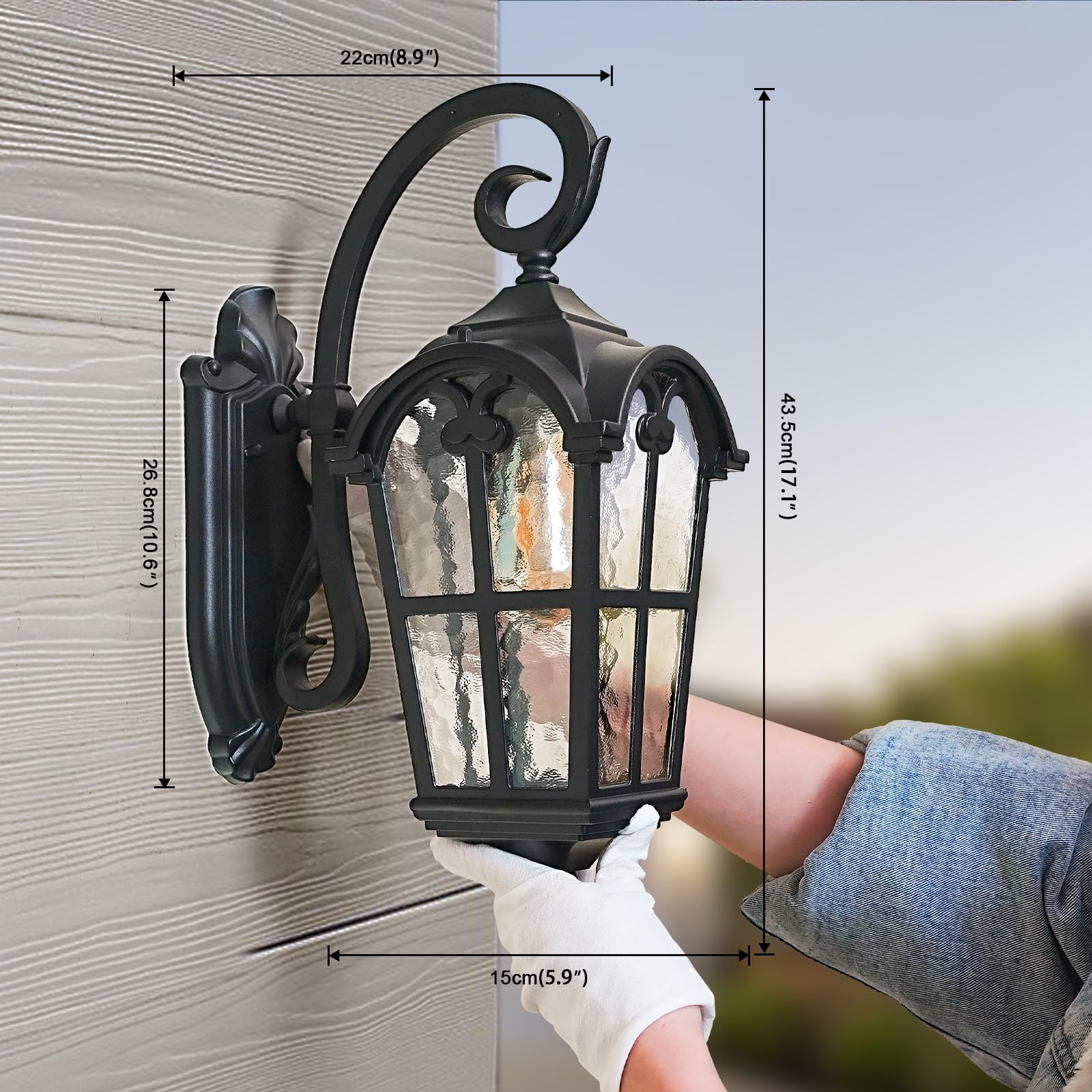 Gold Outdoor Wall Light for House Porch Hallway Doorway Patio Garden, Anti-Rust Aluminum Exterior Wall Sconce Light Fixtures Wall Mount Waterproof Wall Lantern with Water Ripple Glass