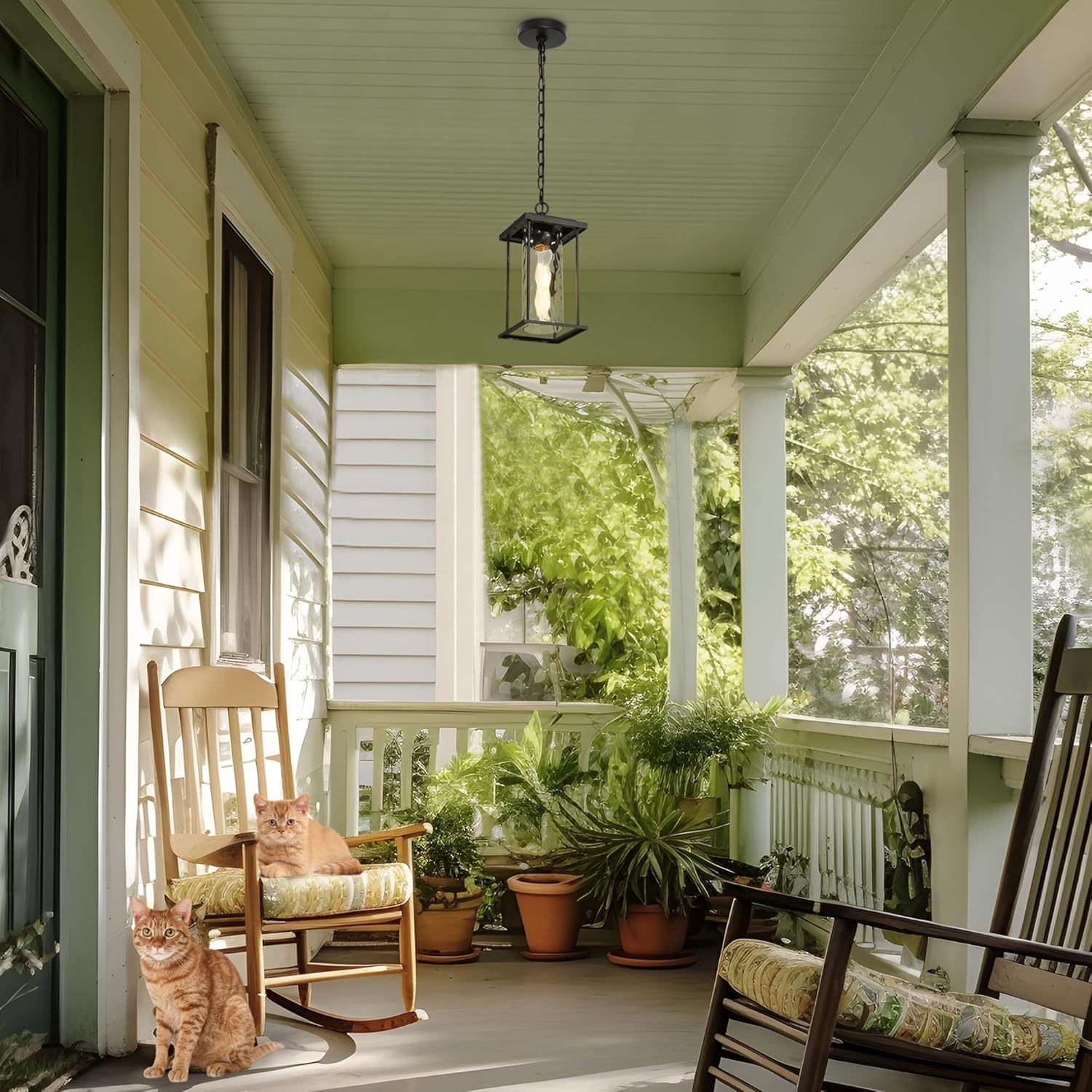 Outdoor Pendant Light Fixture, Farmhouse Exterior Hanging Lights with Water Ripple Glass & Adjustable Chain, Black Ceiling Outdoor Rectangle Hanging Lantern for Front Door, Entry, Porch, and Gazebo