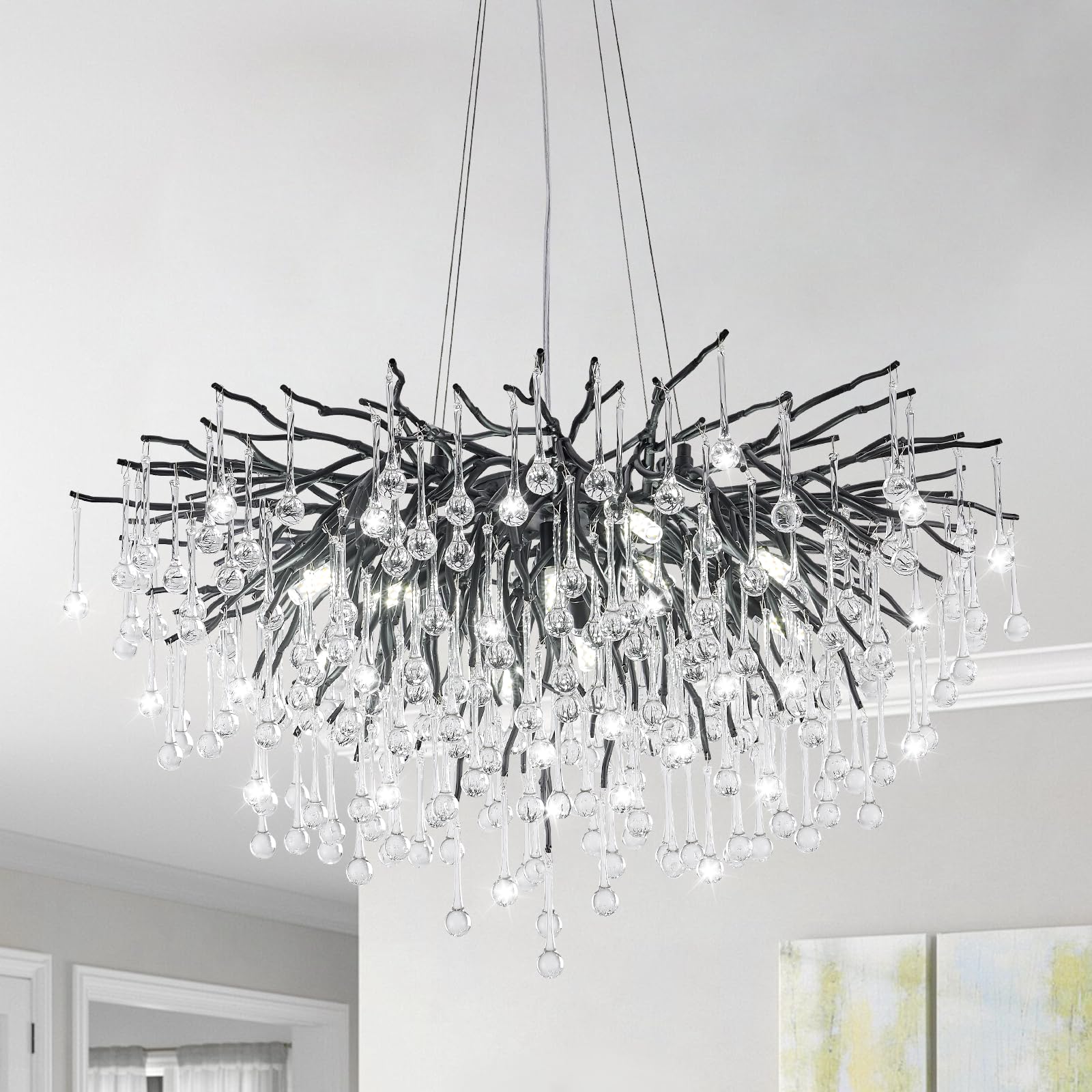 Chandeliers for Dining Room - 23.6" Modern Black Crystal Chandelier, Vintage Round Tree Branch Raindrop Chandelier, Farmhouse Foyer Chandeliers for Entryway, Living Room,Bedrooms,Bathroom