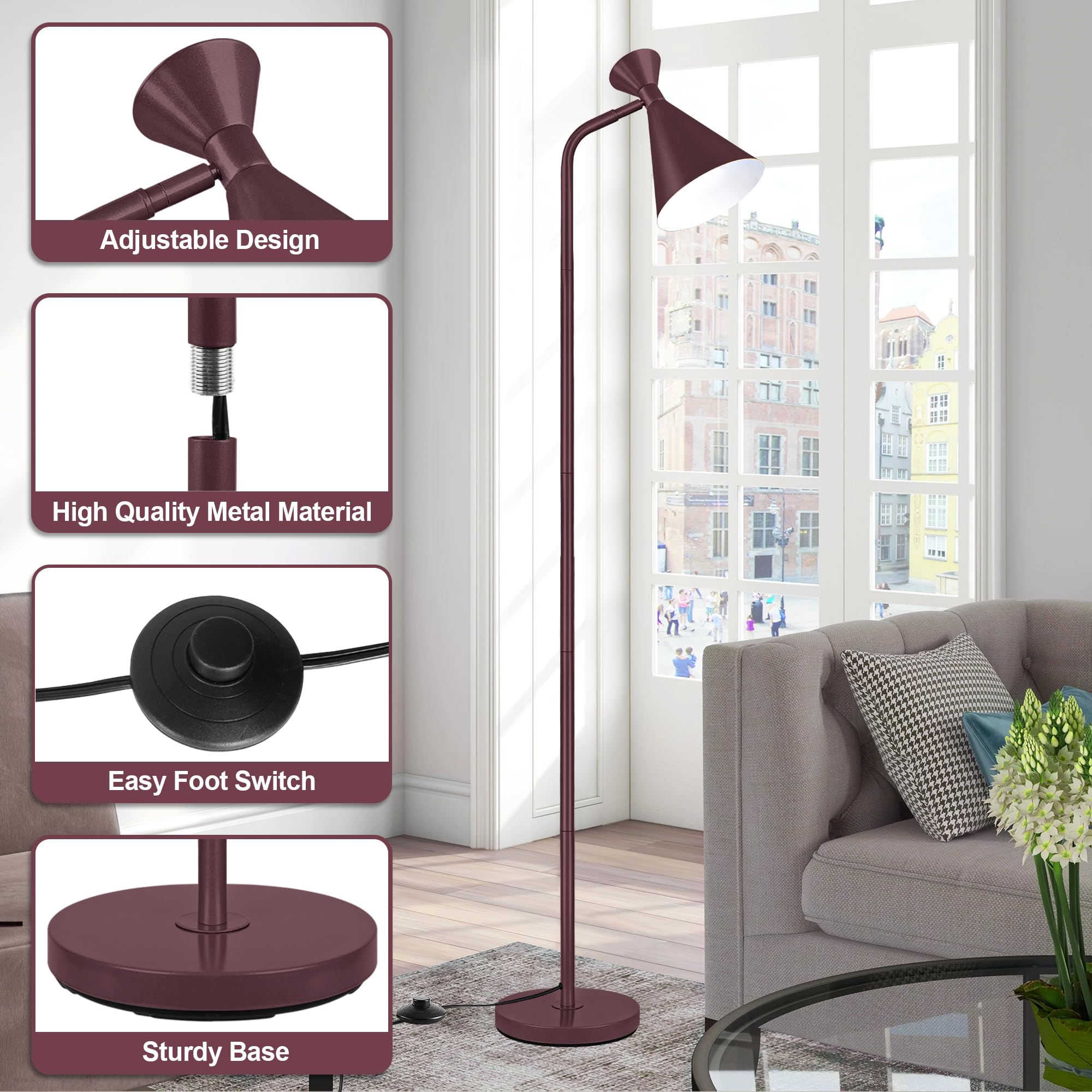 PARTPHONER Floor Lamp for Living Room, Modern Adjustable Metal Heads Standing Lamps, Simple Design Black Floor Lamp with Foot Switch for Bedroom, Office, Kids Room, Reading, Working(Bulb Not Included)