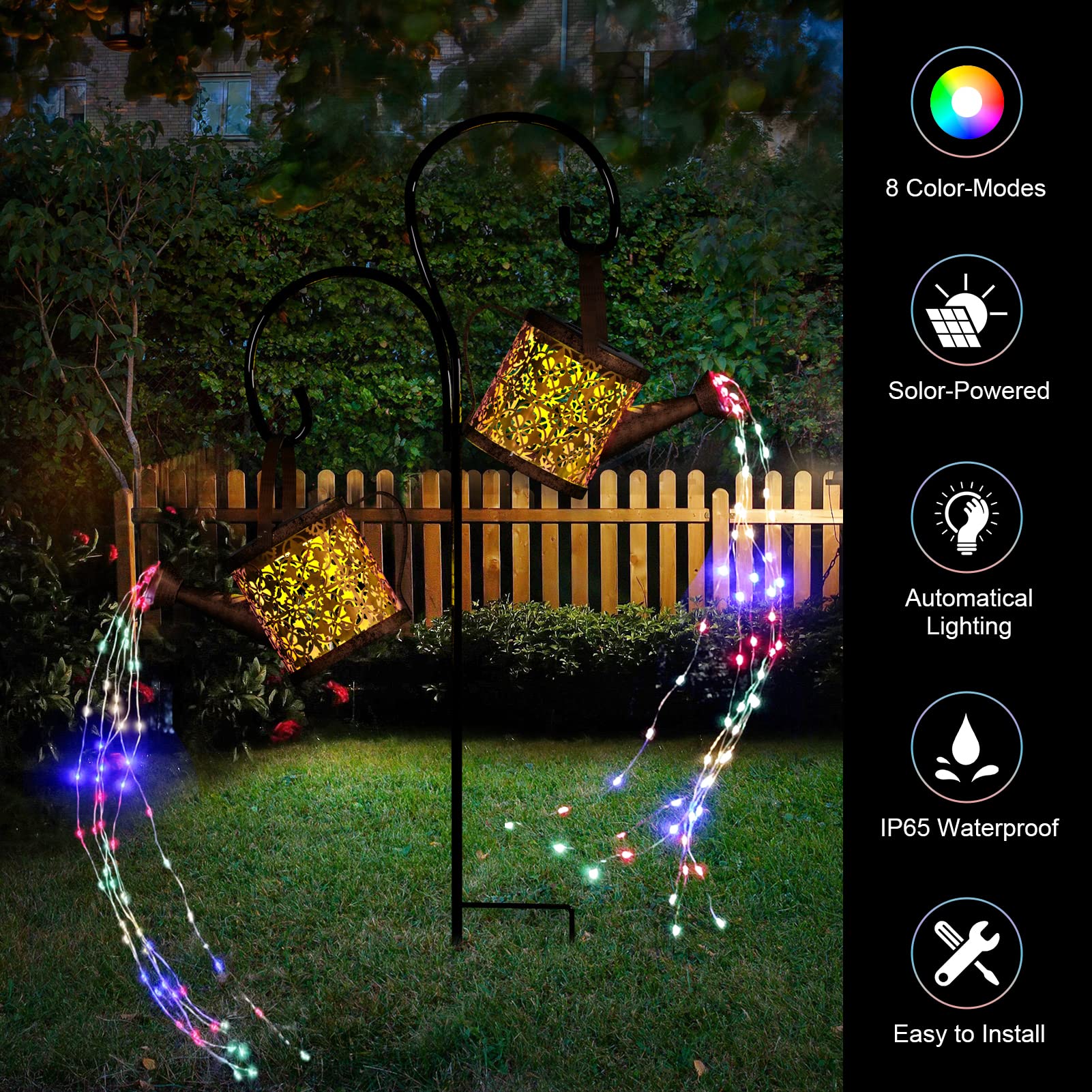 Solar Watering Can Lights Outdoor with 8 Multi-Color Changing Modes, IP65 Waterproof Landscape Light Garden Decor, One Pole Two Lights Outside Decorations for Lawn, Backyard, Patio, Chrismas