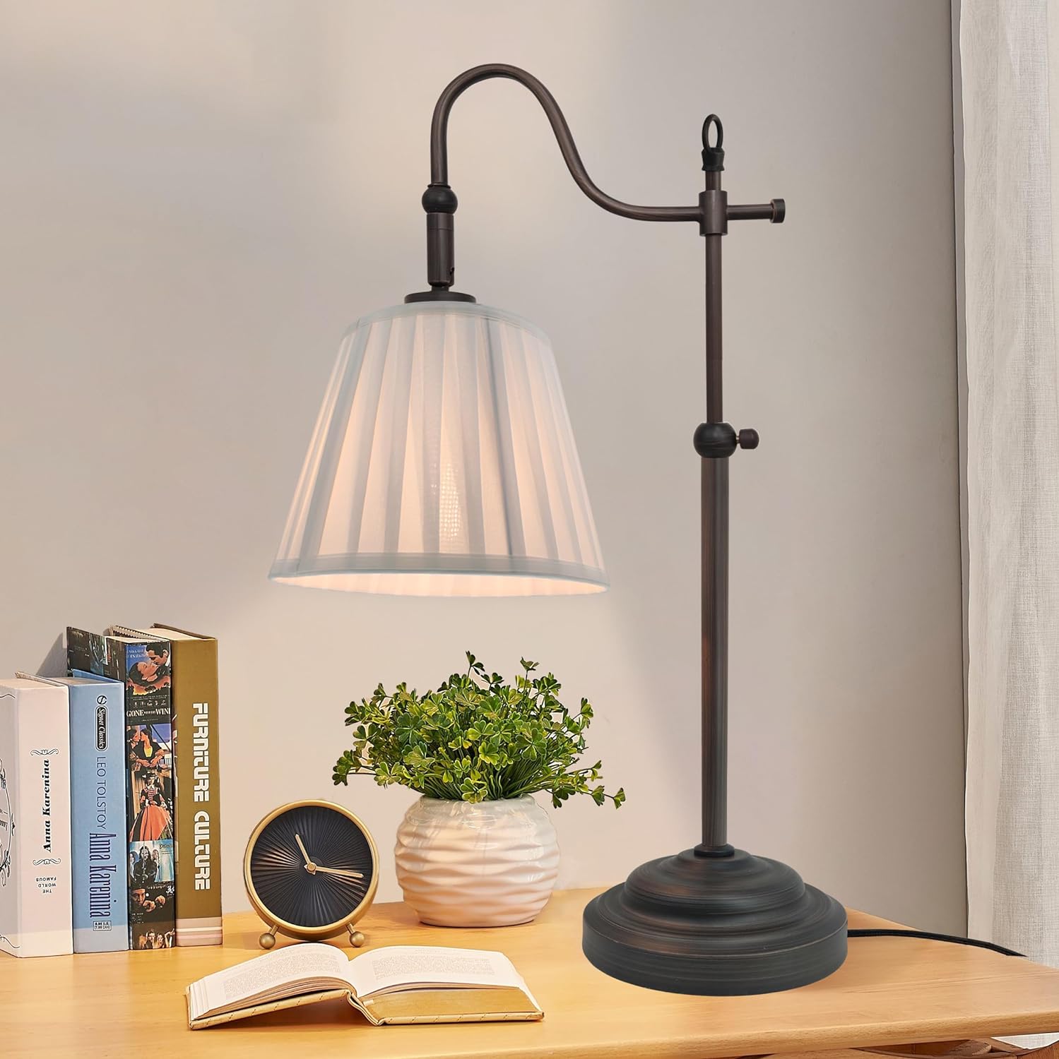 Farmhouse Table Lamps for Living Room,Rustic Desk Lamp with Adjustable Height,Industrial Reading Vintage Light with Pleated Fabric Lampshade for Bedroom,E26