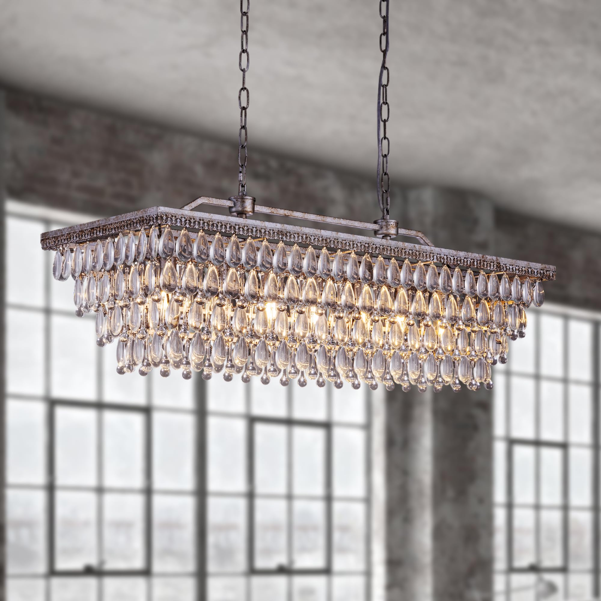 Dining Room Crystal Chandelier,30 inch Antique Bronze Rectangle Crystal Ceiling Light,4 Lights Farmhouse Kitchen Island Lighting,Adjustable Hanging Light Fixtures