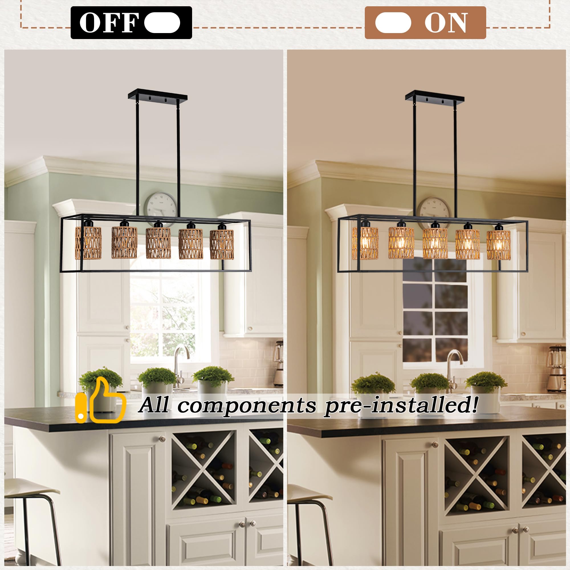 Rattan Kitchen Island Light Fixture, 5 Lights Boho Rectangle Pendant Lights for Dining Room, Farmhouse Chandeliers Over Table, Modern Ceiling Hanging Kitchen Light Fixtures, Height Adjustable