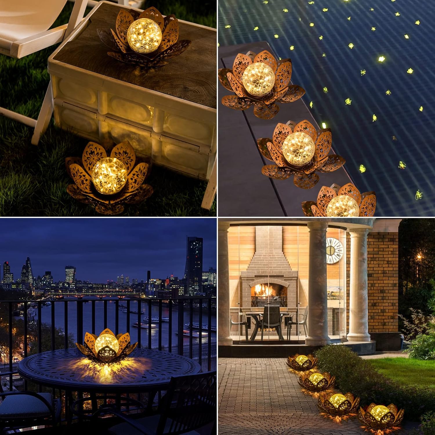 Solar Light Outdoor Waterproof Garden Light Metal Glass Decorative LED Lotus Flower Table Lamp