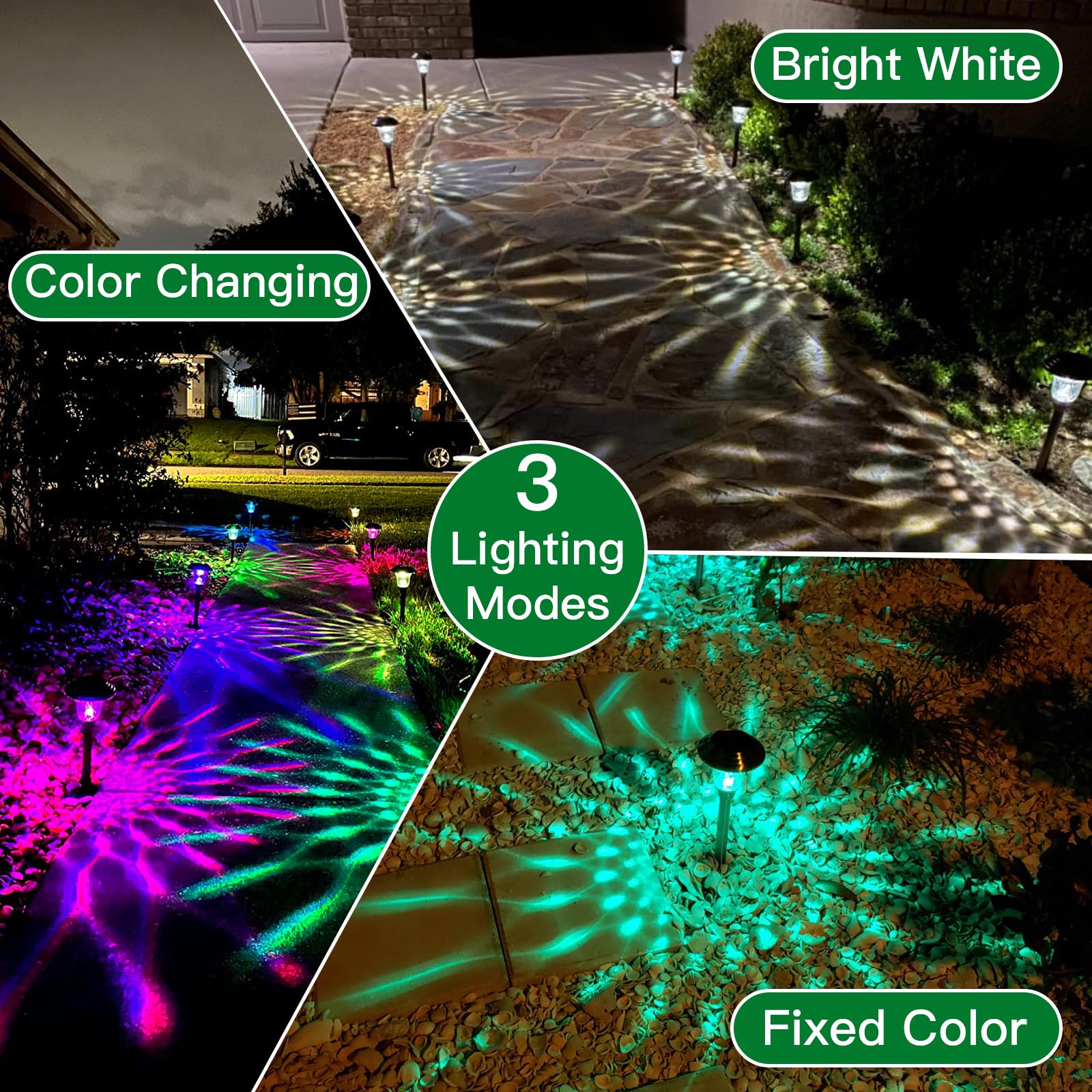 8 Pack Solar Pathway Lights Color Changing + Bright White Outdoor Garden Stake Glass LED Stainless Steel Waterproof Landscape Path Lighting for Yard Walkway Driveway Outside Black