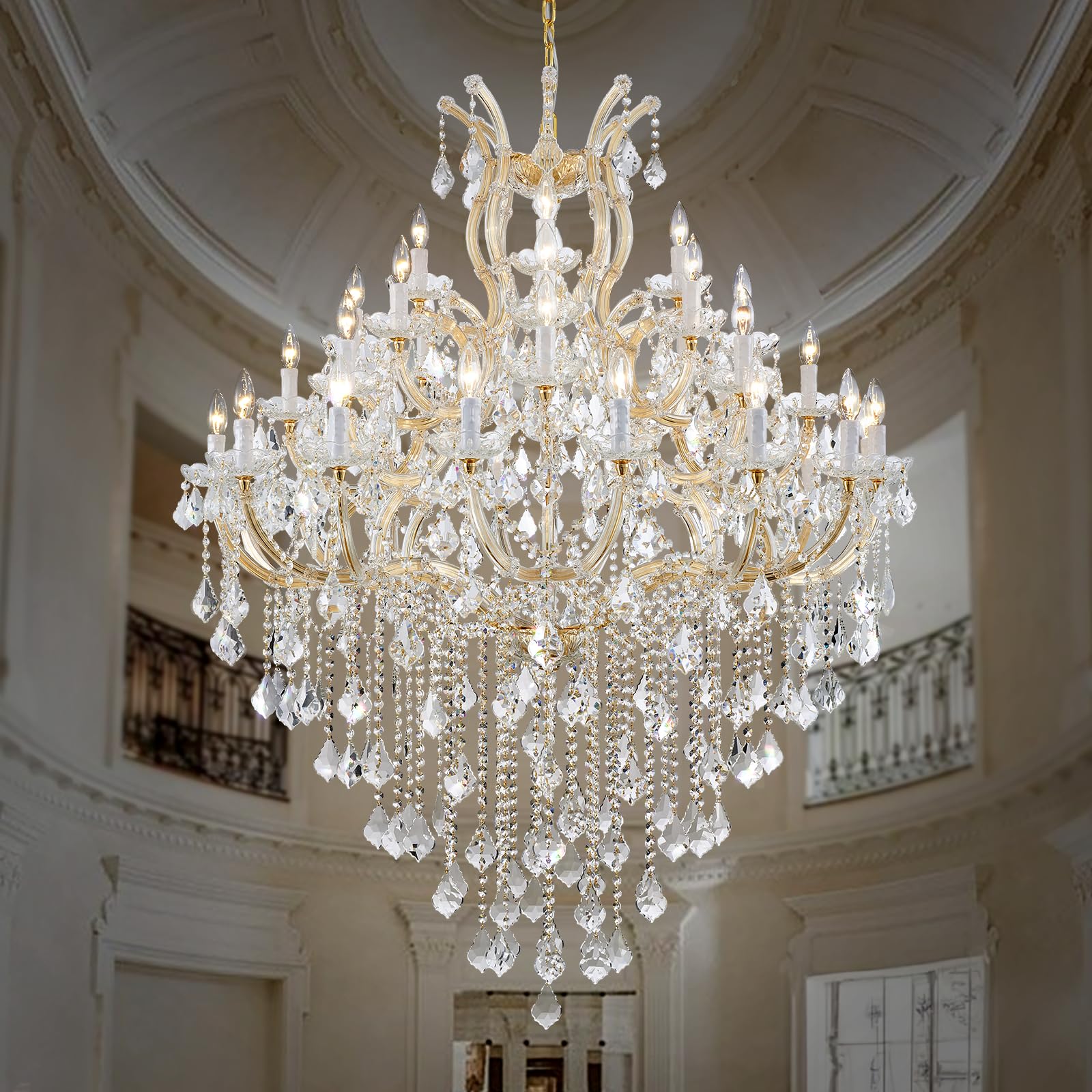 Large Gold Chandelier Light Fixtures - 36 Lights, 4 Layers Modern Crystal Chandeliers for Hotel, Lobby, Foyer, Entrance Hall, Staircase