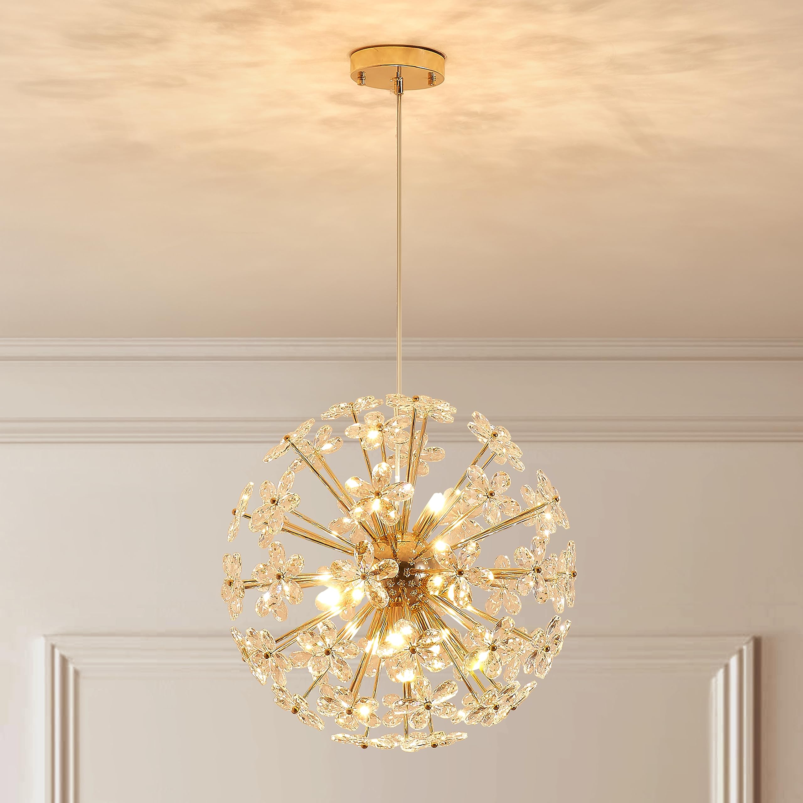 Dandelion Crystal Chandeliers, Modern Design, Firework Pendant Light Fixture for Living Space, H17'' x D17'', Adjustable Chains 59'', G9*9 Sockets, Brilliant Gold Finish Frame