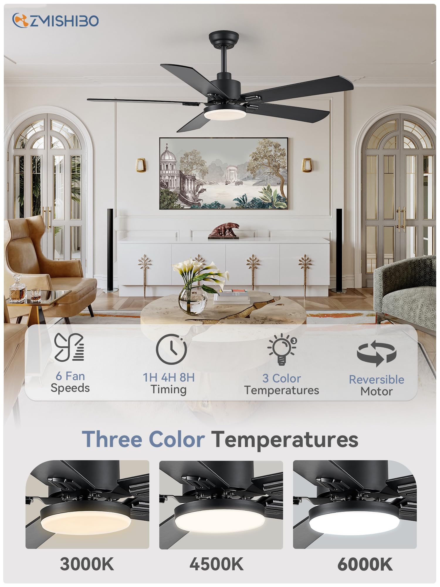 52" Ceiling Fans with Lights, Black Modern Ceiling Fan with Remote, Farmhouse Indoor Ceiling Fan with Dual Finish Blades, Quiet & Strong Motor, Bright LED Light.