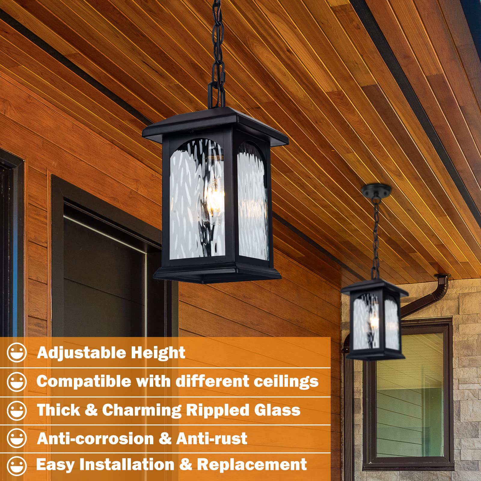 Outdoor Pendant Light Fixture, Adjustable Exterior Chandelier, Black Hanging Light, Porch Light with Temperate Rippled Glass, Modern Outside Hanging Lantern for Front Door, Gazebo, Patio, Anti-Rust