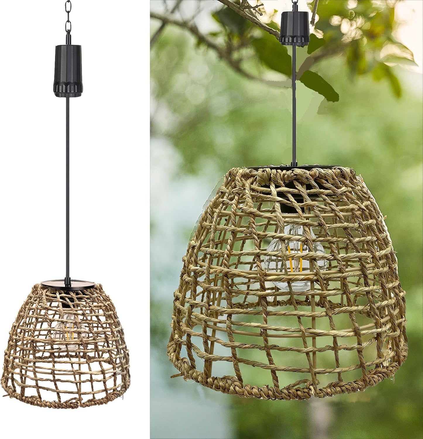 Battery Operated Outdoor Hanging Light Seagrass Woven Waterproof Porch Gazebo Patio Pendant Lantern Chandelier Lighting Decorative Hollow-Out Auto On/Off Warm White Bulb