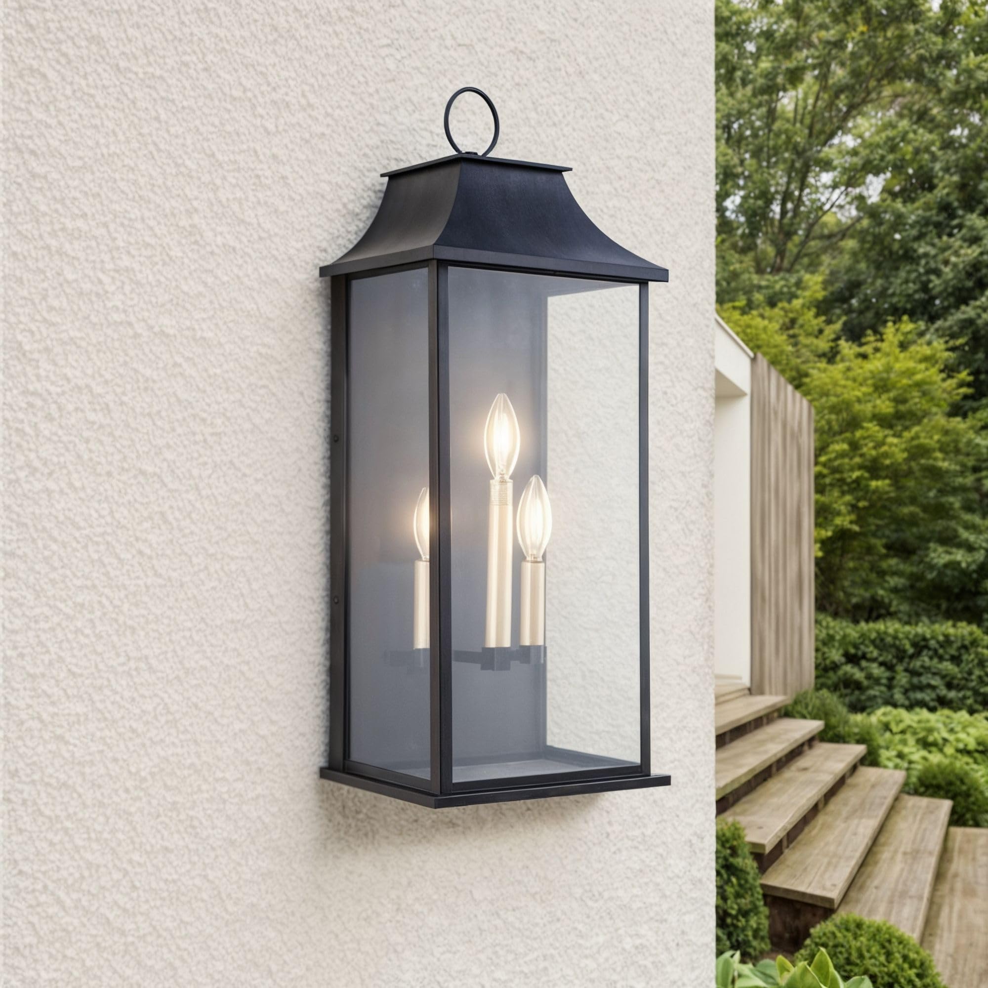 Outdoor Wall Lantern 2-Light, 21" Large Outside Wall Sconce, Modern Black Wall Light Fixture with Glass, Waterproof Exterior Lamp for House, Porch, Garage