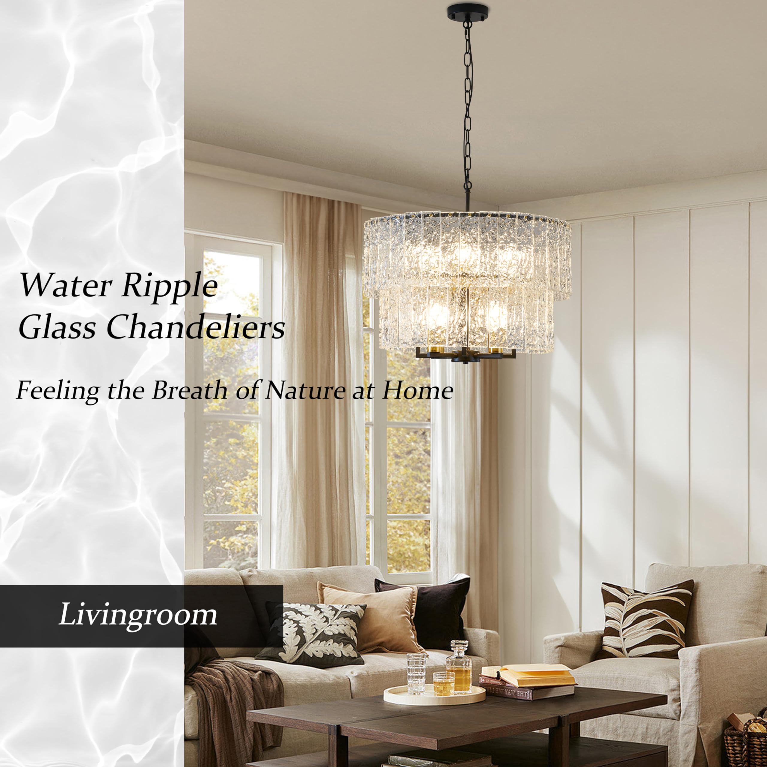 23.8” Modern Crystal Chandeliers for Dining Room 6-Light, Luxury Water Ripple Glass Chandelier Over Table, Black Round Light Fixture Farmhouse for Dining Room Foyer Living Room Bedroom