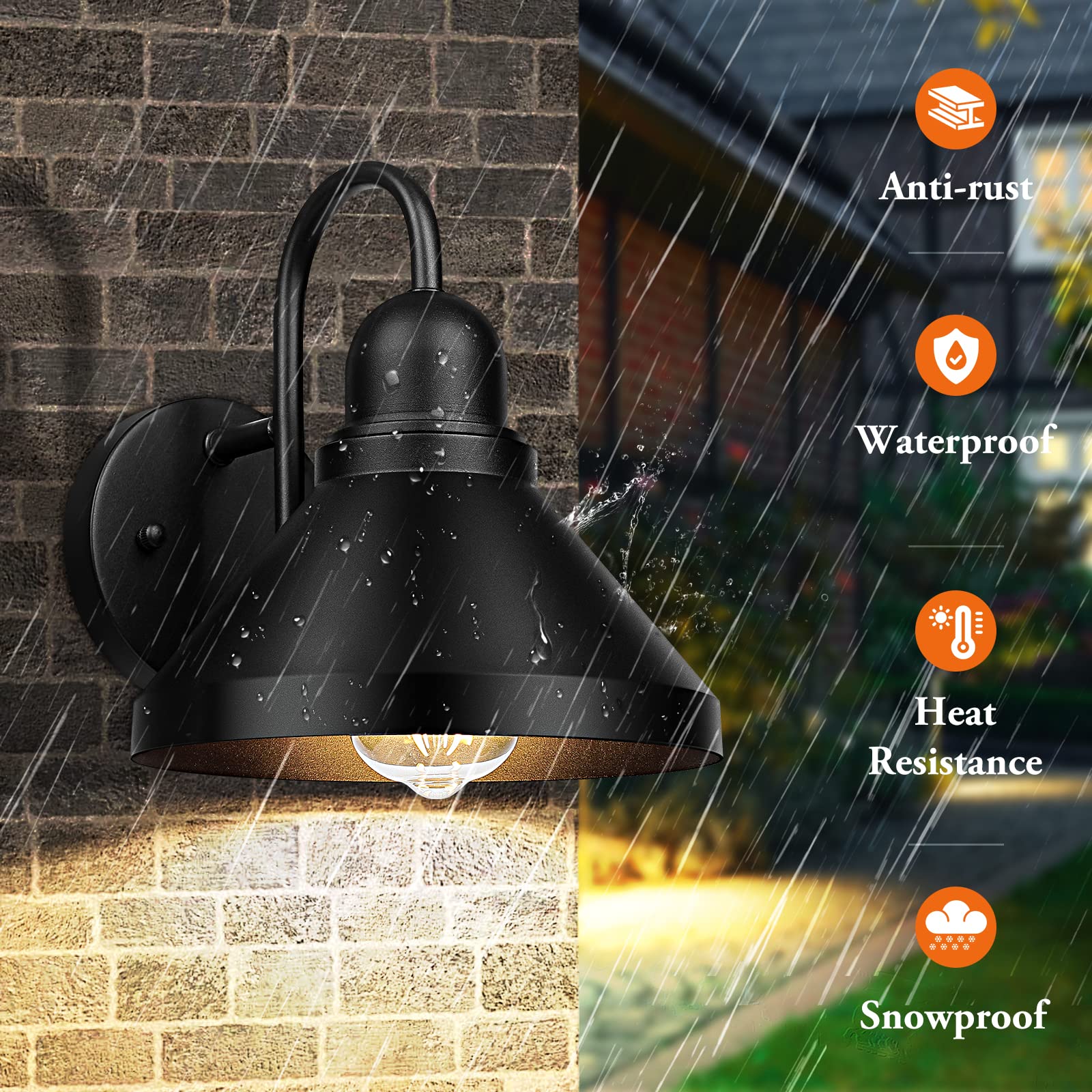 Outdoor Light Fixtures, 2-Pack Farmhouse Barn Lights for Porch, Industrial Black Exterior Wall Sconce for Garage, Patio, E26 Base Anti-Rust, Bulb not Included