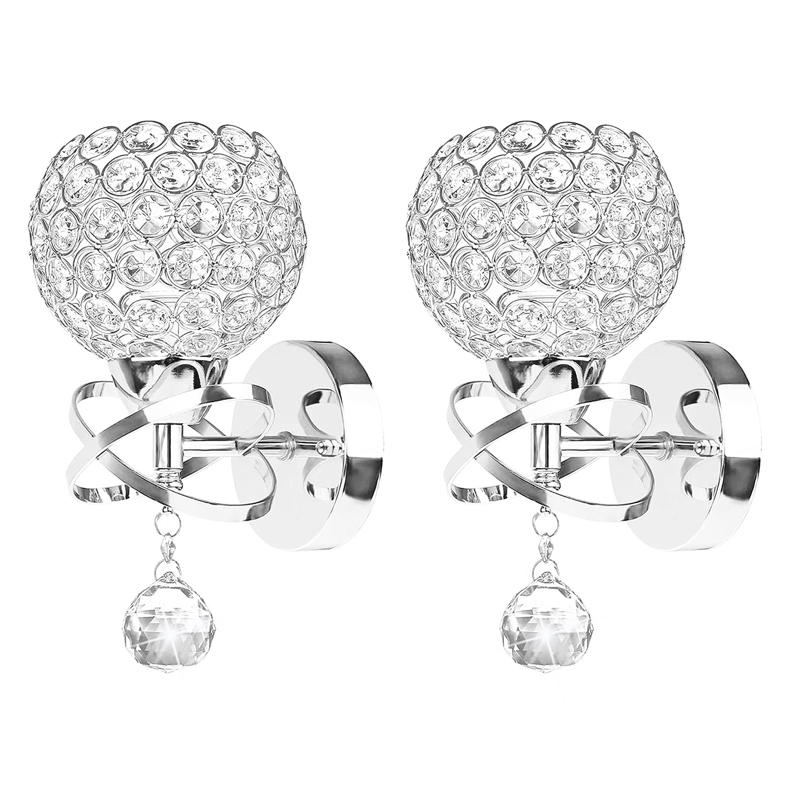 Crystal Wall Sconces Set of Two, Modern Wall Light Sconces Wall Lighting with Hanging Crystal Ball, Wall Mount Lamp Bedside Wall Lamp Silver Sconces Wall Light for Bedroom Bathroom Living Room Hallway