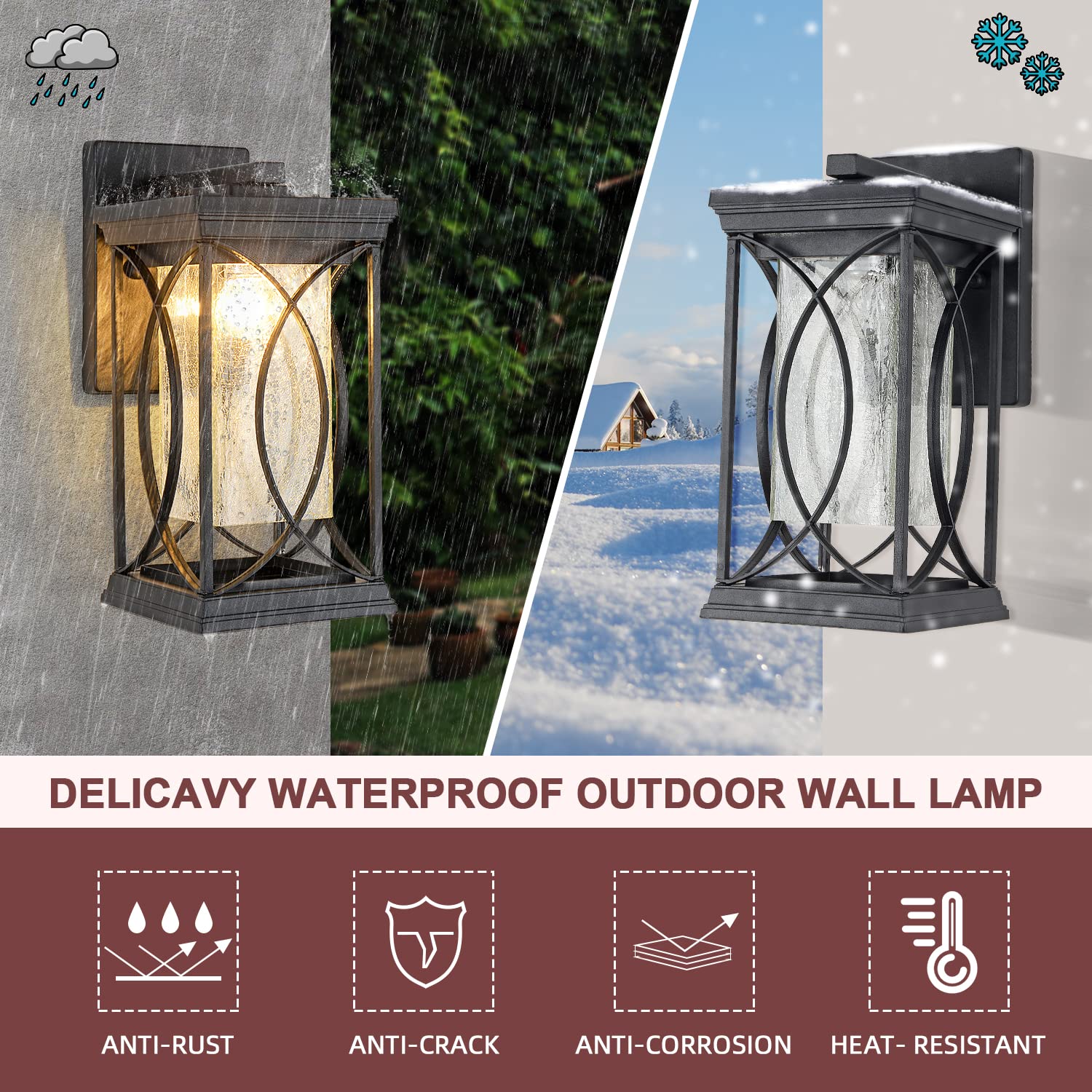 Outdoor Pendant Light Fixtures Dusk to Dawn Exterior Ceiling Hanging Lantern for Porch, Modern Black Outside Chandelier Light with Crack Glass for Front Door Porch Gazebo Foyer Entryway