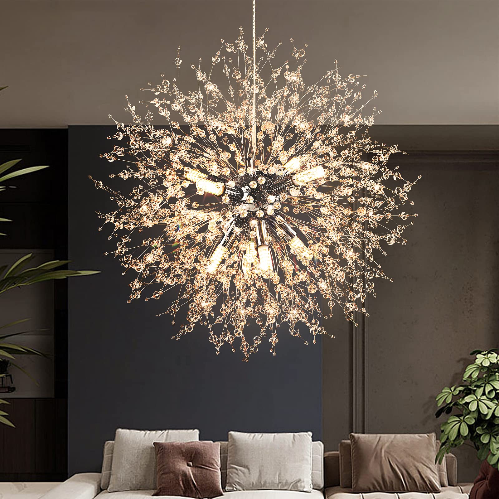 Modern Crystal Chandeliers Firework, Semi Flush Mount Ceiling Light Fixture, 8-Light Chrome Dandelion Chandelier, Pendant Light for Hallway, G9 Socket