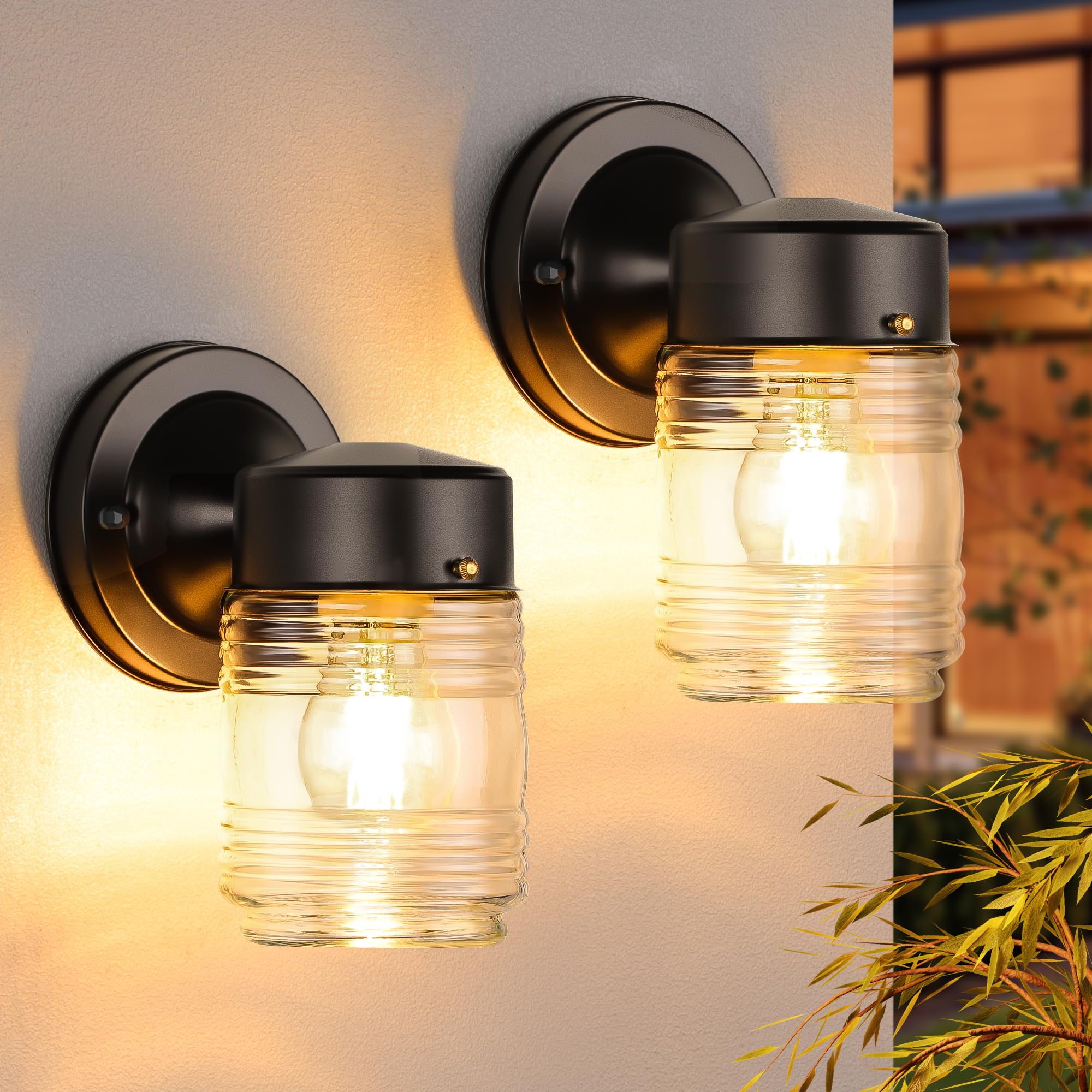 Jelly Jar Outdoor Wall Lantern, Black Exterior Waterproof Wall Mount Lighting Fixture, Anti-Rust Front Door Wall Sconce with Clear Ribbed Glass Shade, E26 Socket Wall Lamp for Patio, 2 Pack