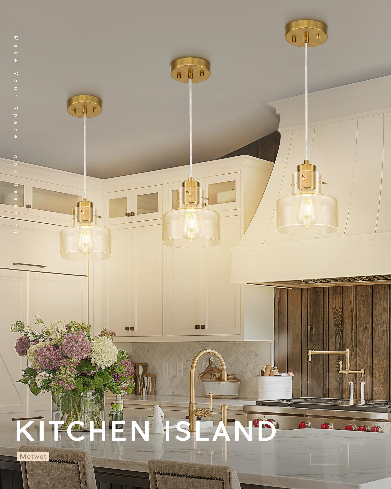 2 Pack Pendant Lights Kitchen Island, 6" Brushed Gold Pendant Light Fixtures Over Island with Clear Glass Shade, Modern Brass Kitchen Island Lighting for Dining Room Entryway, PL124-BG-2PK