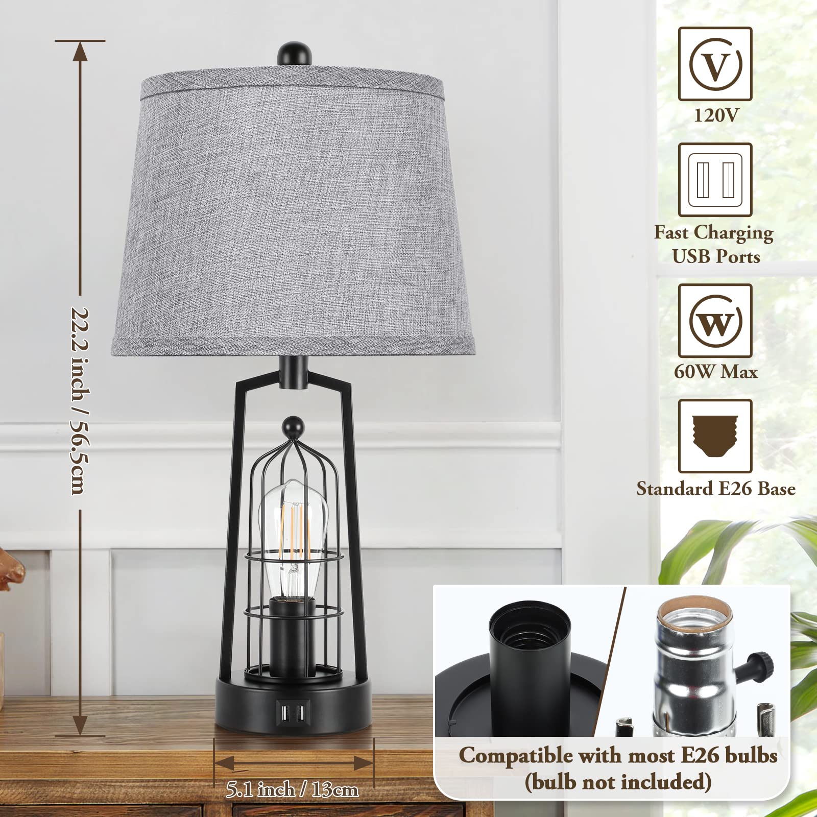 Farmhouse Table Lamps with 2 USB Ports, Set of 2 Rustic Industrial Desk Lamp for Living Room, 2-Light Black Bedside Lamp, Bedroom Nightstand Lamp with Gray Lampshade for House Decor, Reading