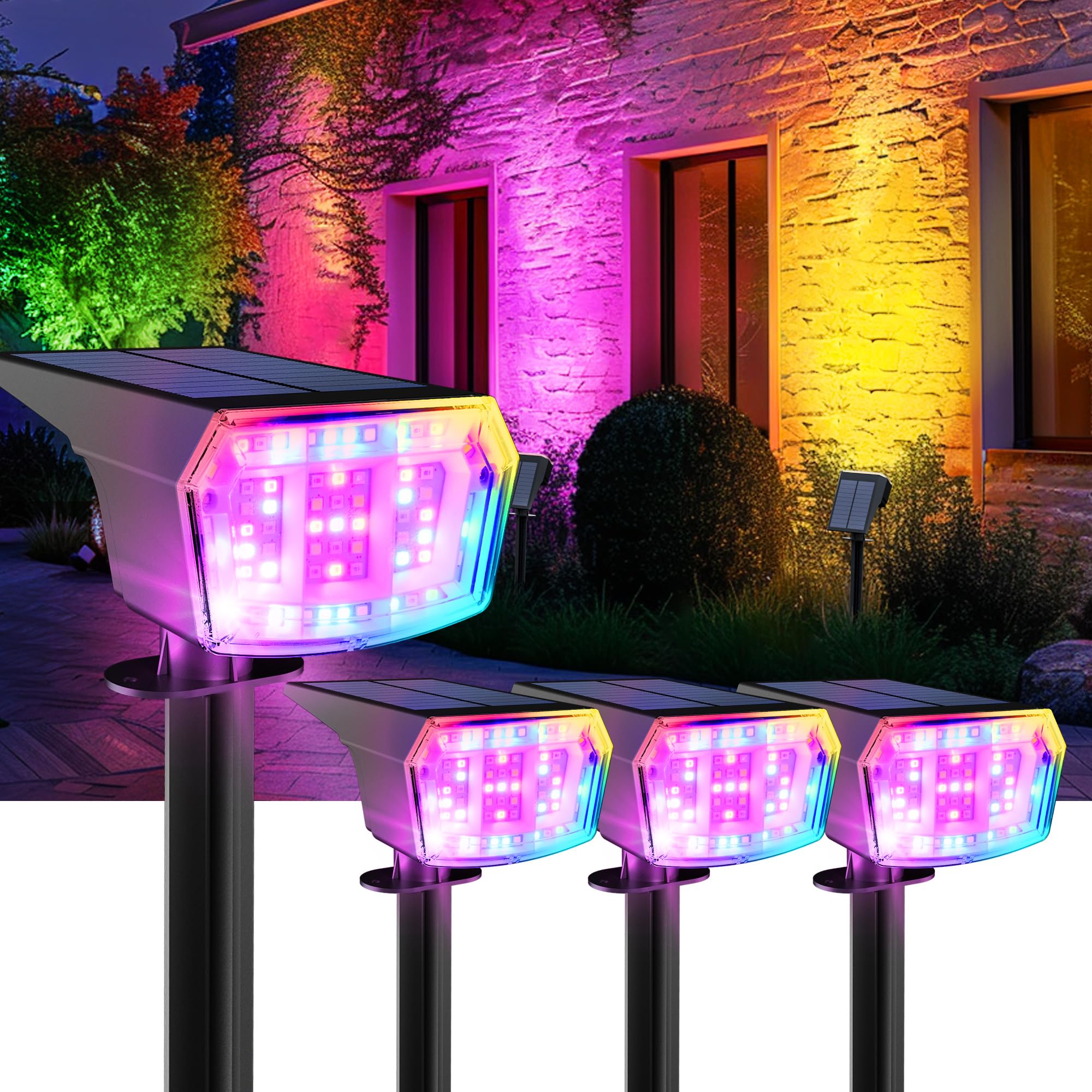 Solar Spot Lights Outdoor Waterproof 4 Pack IP65, 63 LED 3 Lighting Modes Spotlights for Yard Garden House Garage Pathway