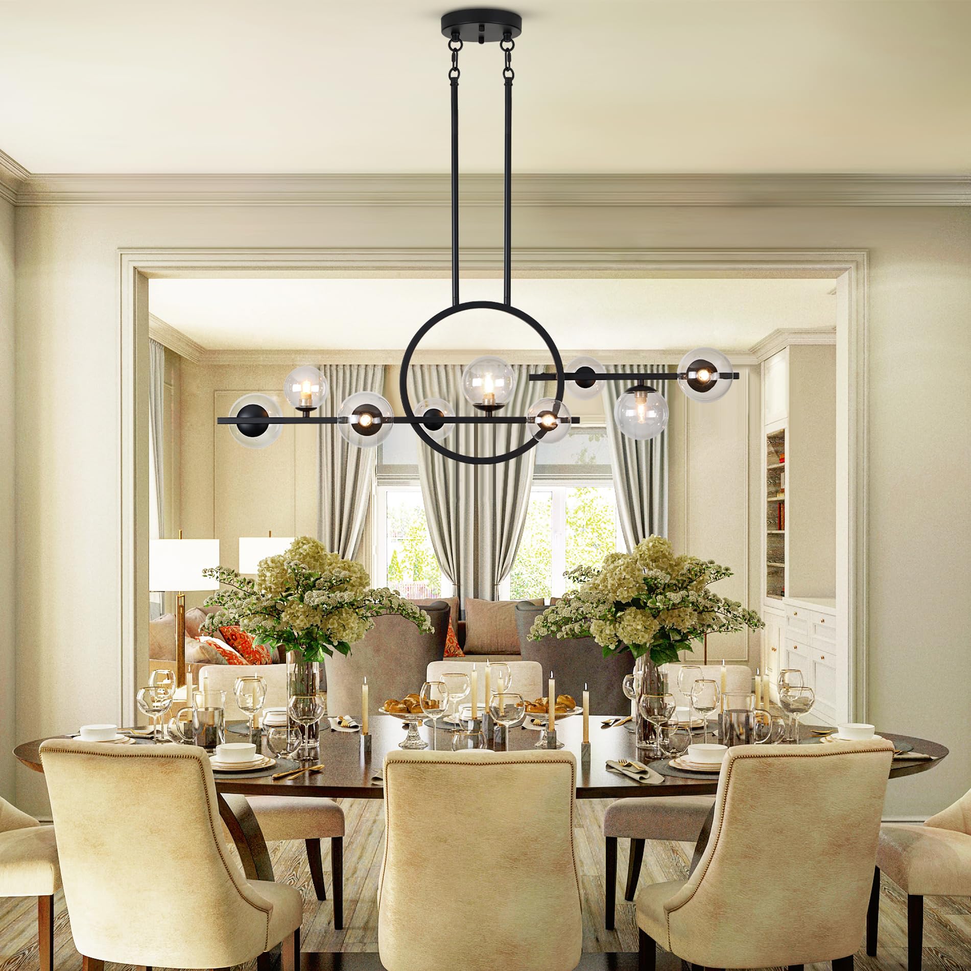 Modern Gold Chandelier for Dining Room Over Table Above Kitchen Island 9-Light Fixture Hanging Farmhouse Lighting Fixtures Ceiling Pendant Linear Chandelier with Clear Glass Globe Shade-Brushed Golden