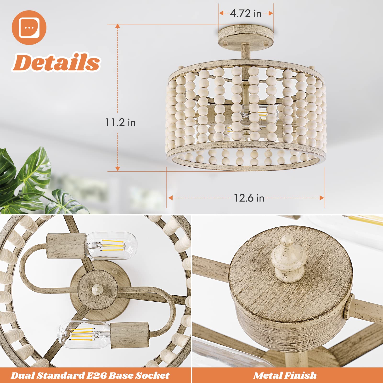 Wood Beaded Chandelier - Farmhouse Boho Light Fixture, Rustic Semi Flush Mount Ceiling Light, Oak 2 Lights Nursery Light Fixture for Hallway Foyer Bedroom Kitchen Island Living Room, E26 Base