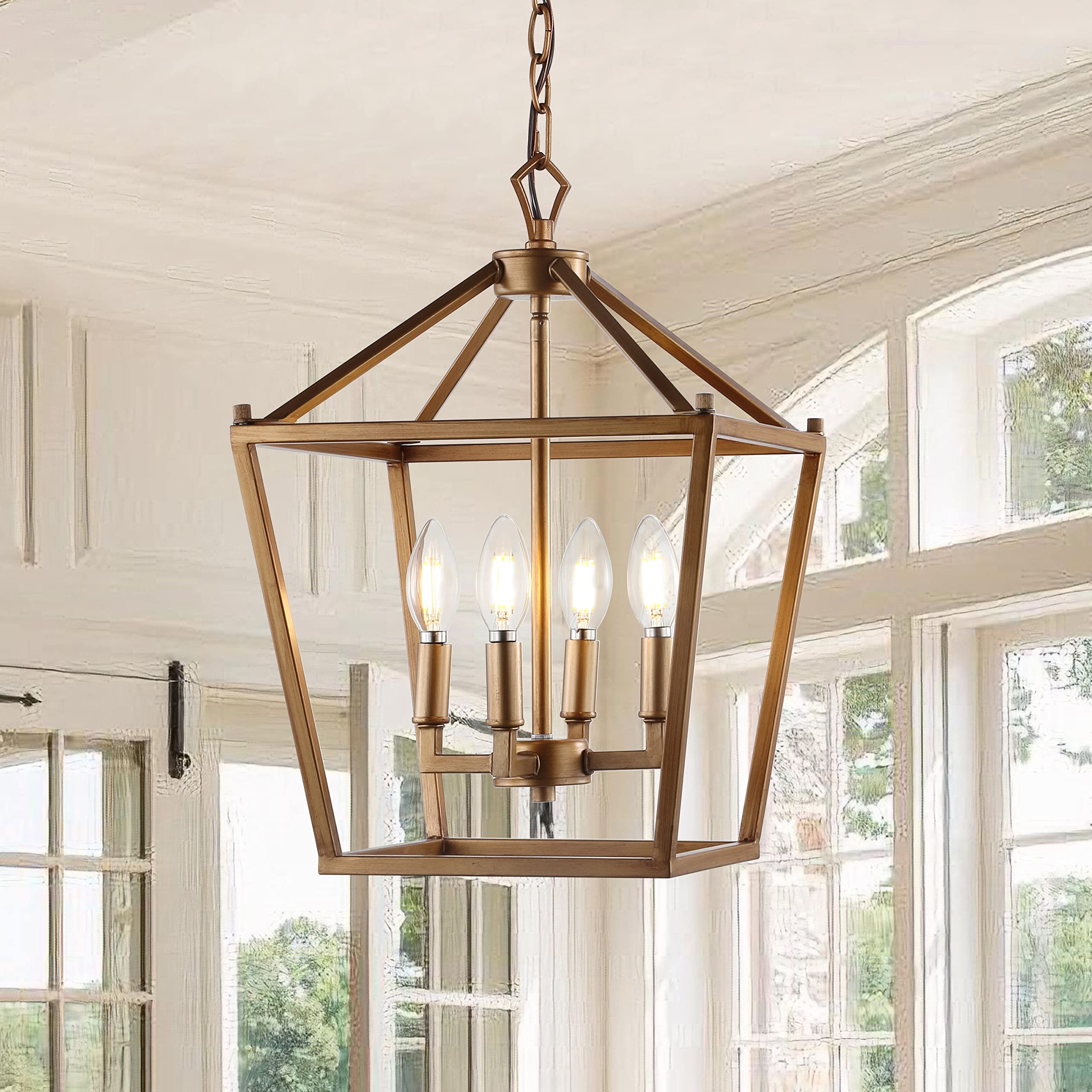 Lantern Dimmable Adjustable Metal LED Pendant Classic Traditional Farmhouse Dining Room Living Room Kitchen Foyer Bedroom Hallway, 10 in, Antique Gold