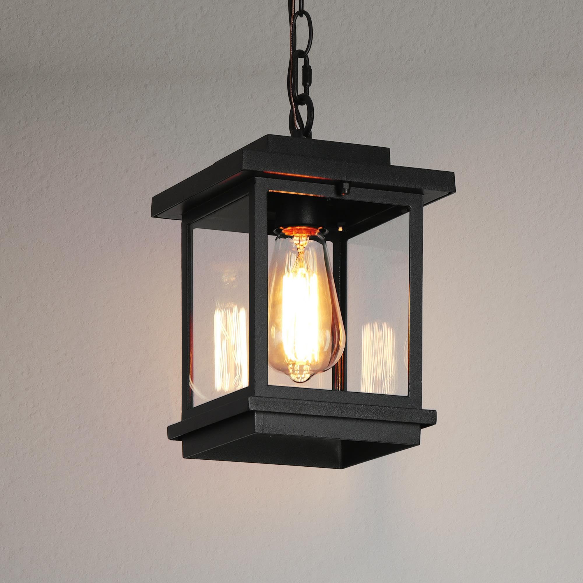 Outdoor Pendant Light Fixture, Black Farmhouse Outdoor Pendant Lights for Porch with Clear Glass, Modern Rectangular Exterior Hanging Lantern Light Fixtures