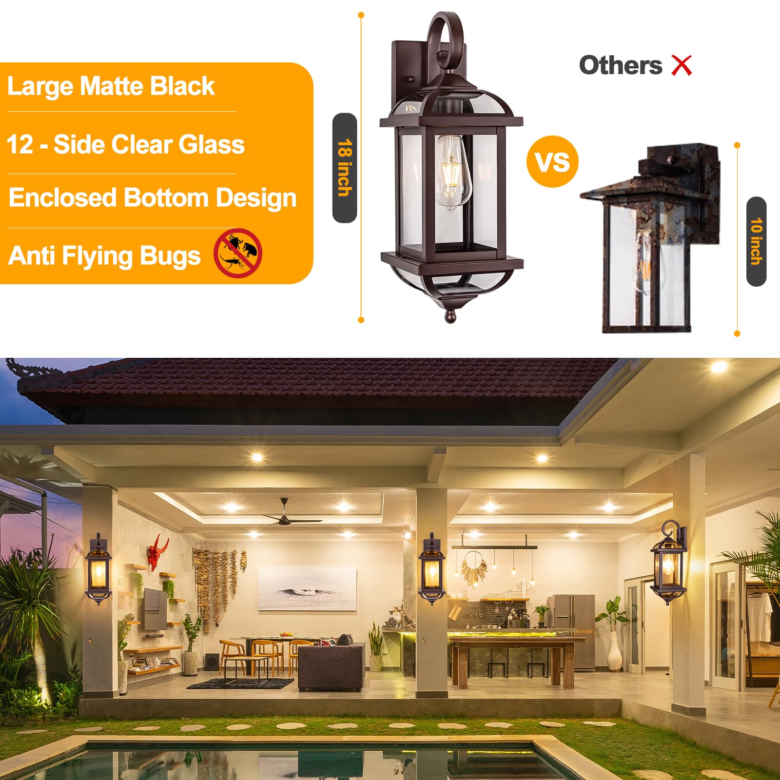 18” Bronze Outdoor Wall Lights Exterior Light Fixtures 2-Pack, Porch Lights Outside Sconces Anti-Rust Aluminum Patio Lights for House Clear Glass Wall Mount Lanterns, IP65 Waterproof