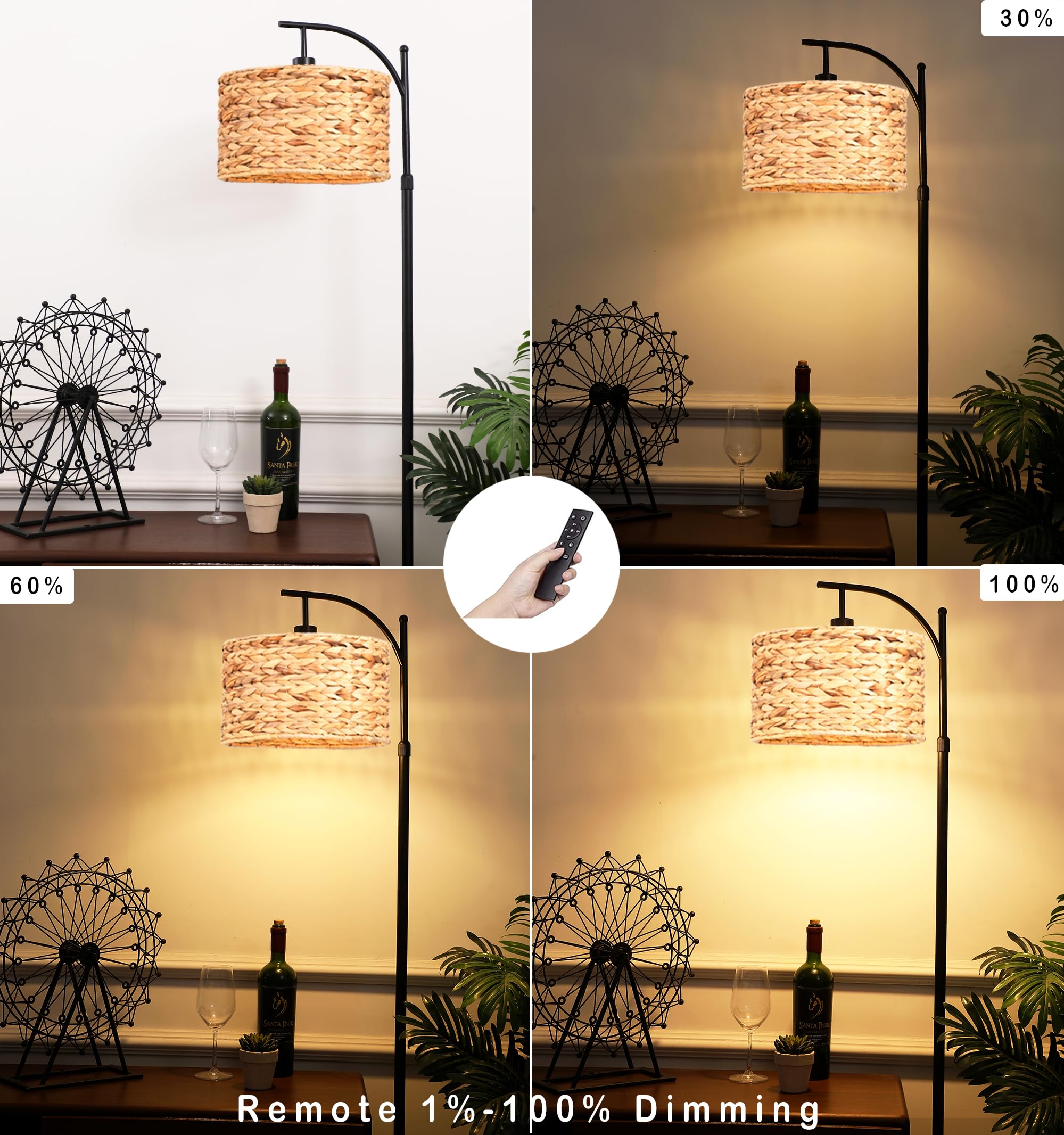 Floor Lamp for Living Room Bedroom with Remote Boho Rattan Arc Standing Lamp Dimmable Black Farmhouse Wicker Bamboo Lamp Shade Floor Light Adjustable Tall Lamp Industrial Floor Lamps Bohemian