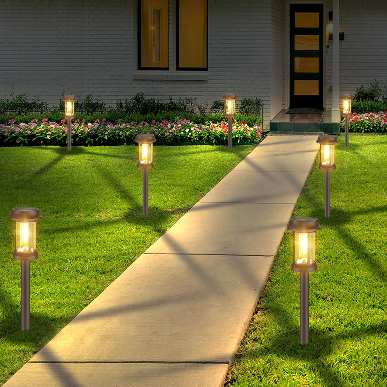 Solar Pathway Lights Outdoor, 8 Pack Solar Lights Outdoor, Glass & Metal Solar Powered Outdoor Lights Maintain 10 Hours of Lighting for Outside Garden Yard Driveway Path Landscape Decor (Black)