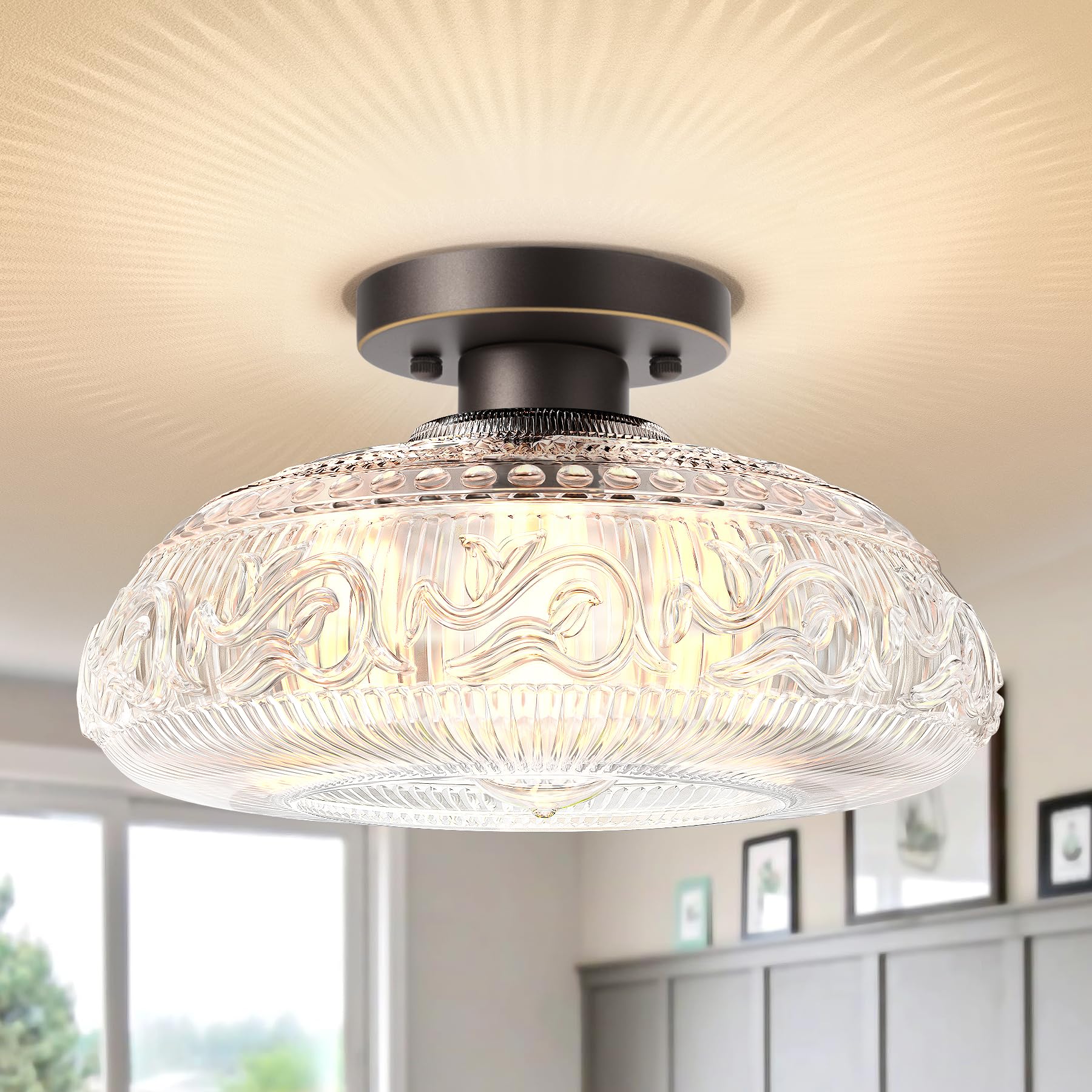 Semi Flush Mount Ceiling Light Fixture - 11 Inch Modern Glass Hall Light, Vintage Light Fixture for Kitchen, Hallway, Bathroom and Entry Way, Compatible with E26 Light Bulb, Black