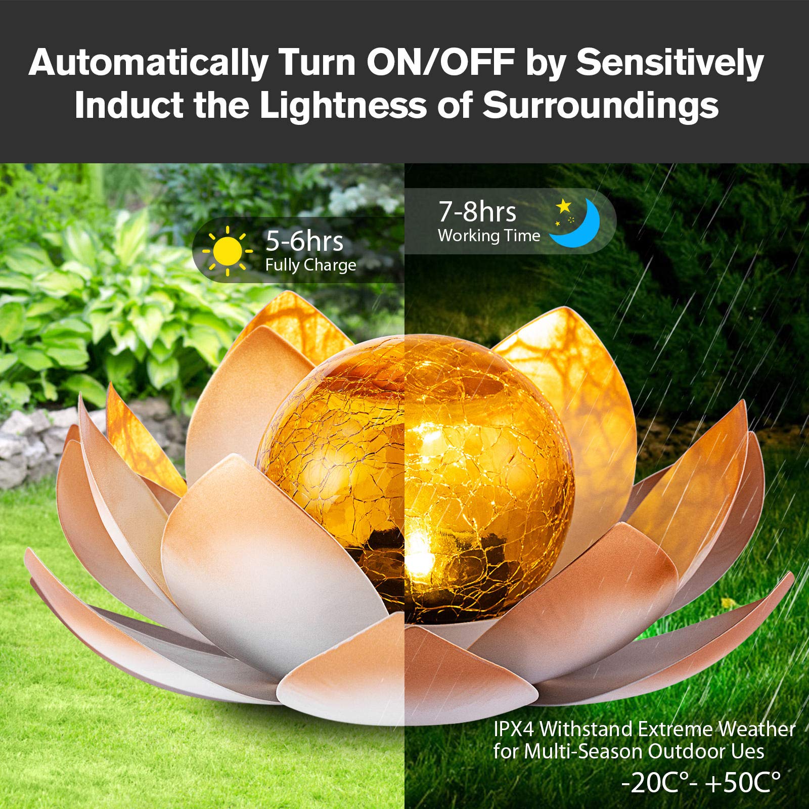 Solar Light Outdoor Waterproof Garden Light Metal Glass Decorative LED Lotus Flower Table Lamp