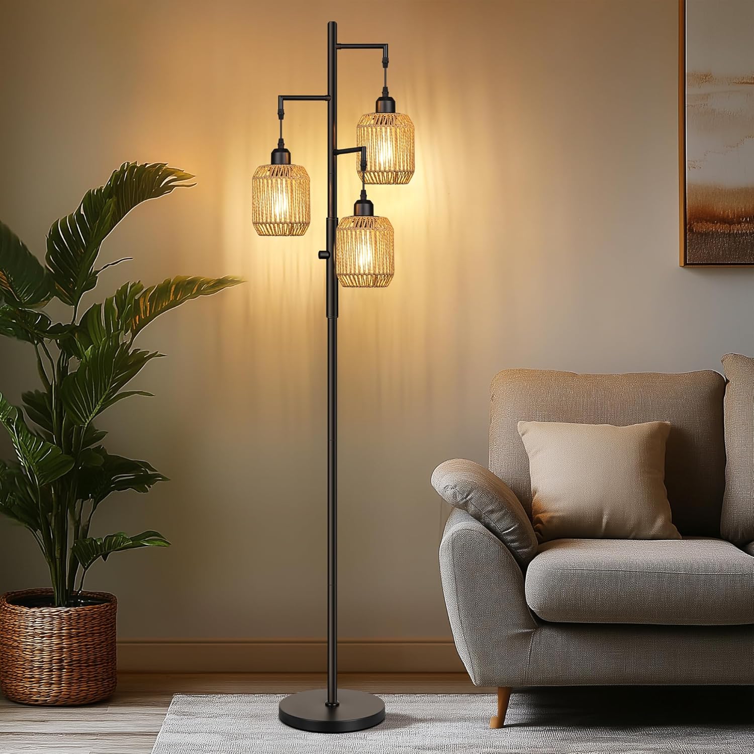 Dimmable Rattan Floor Lamp - 3 Light Farmhouse Boho Floor Lamp for Living Room, Industrial Tree Floor Lamps with 3 X 6W LED Bulbs, Rustic Standing Tall Lamp for Bedroom, Office, 68", Black