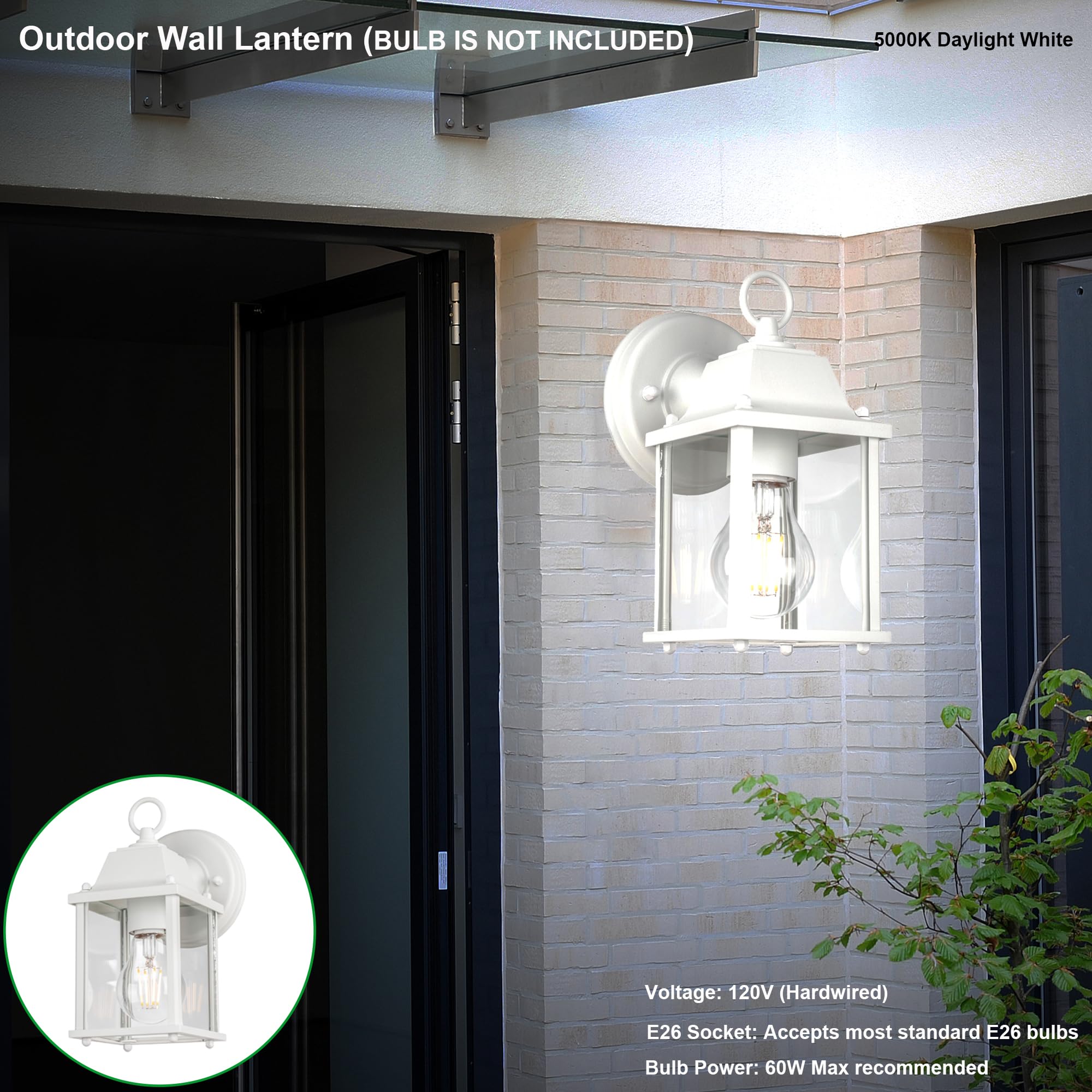 Outdoor Wall Lantern, Wall Sconce as Porch Lighting Fixture, E26 Base 60W Max., Aluminum Housing Plus Glass, Water-Proof and Outdoor Rated, ETL Qualified, 2-Pack, White