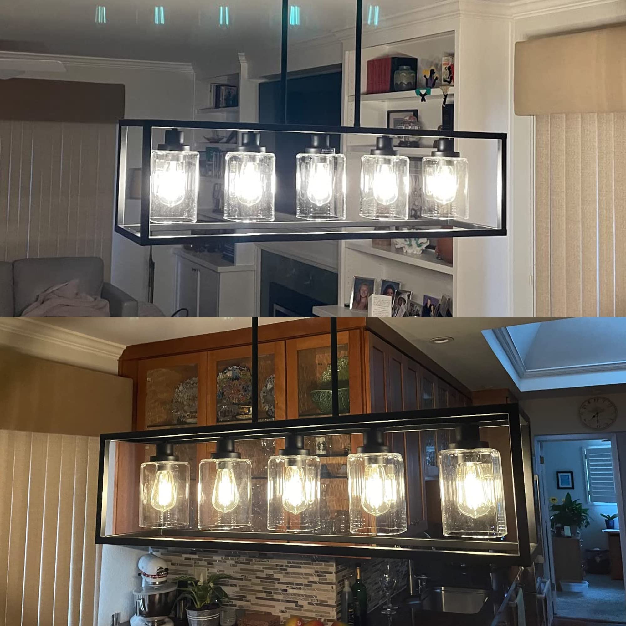 3 Light Kitchen Island Lighting Linear Chandelier Black Pendant Lighting with Rectangular Clear Glass Shade for Dining Room Bar Kitchen Pool Table, Adjustable Height