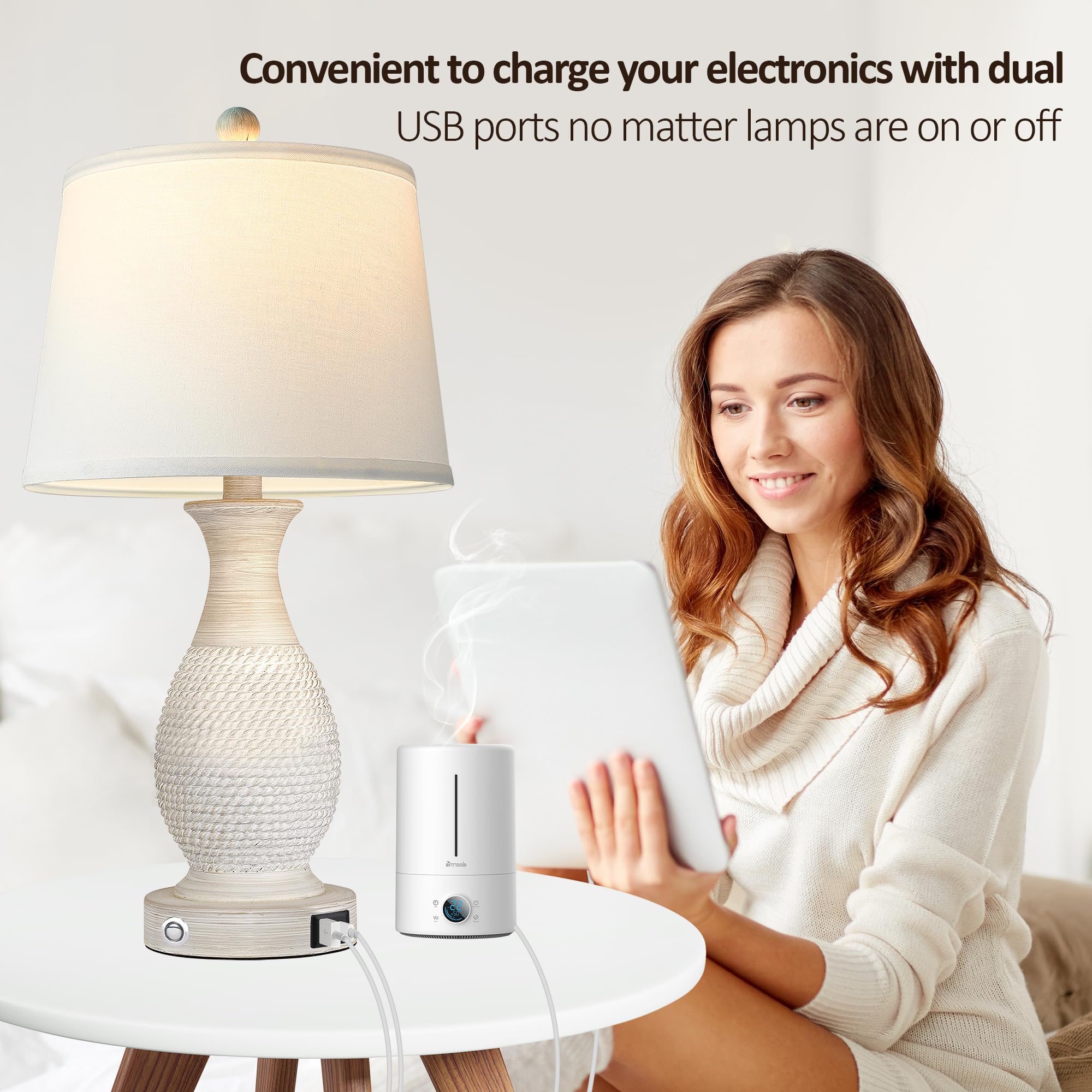 Set of 2 Table Lamps with USB C+A Fast Charging Ports, 26" Tall Farmhouse Living Room Lamp with 3-Way Dimmable Nightstand Lamp White Fabric Shade for Living Room Bedroom Home Office